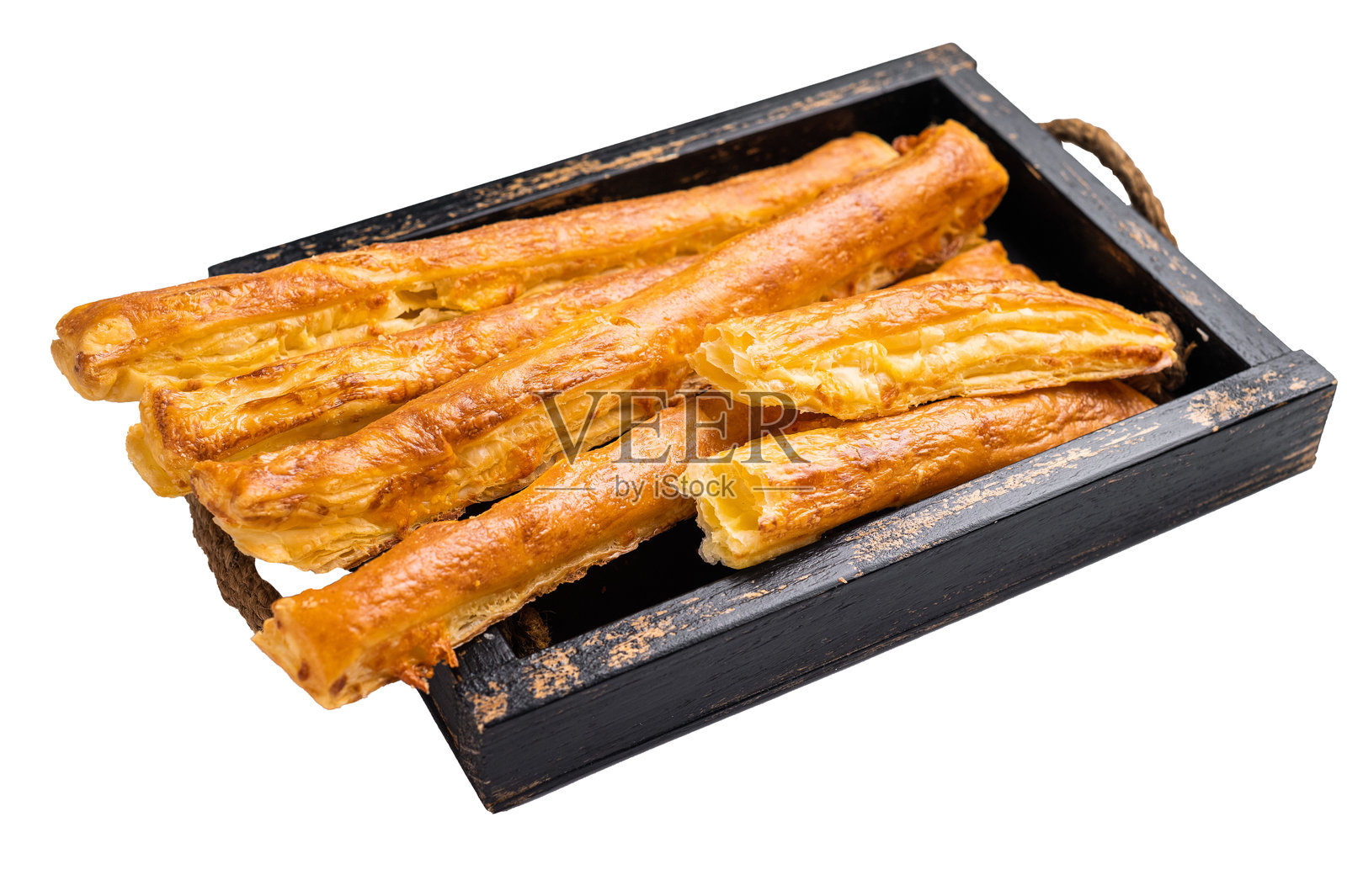 芝士和盐味的烤面包棍，孤立在白色背景上。俯视图照片摄影图片