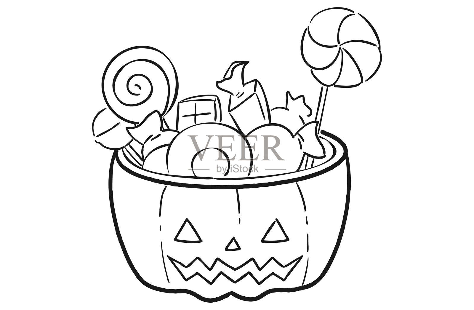 南瓜灯的简笔画手绘插画，里面装满了糖果插画图片素材