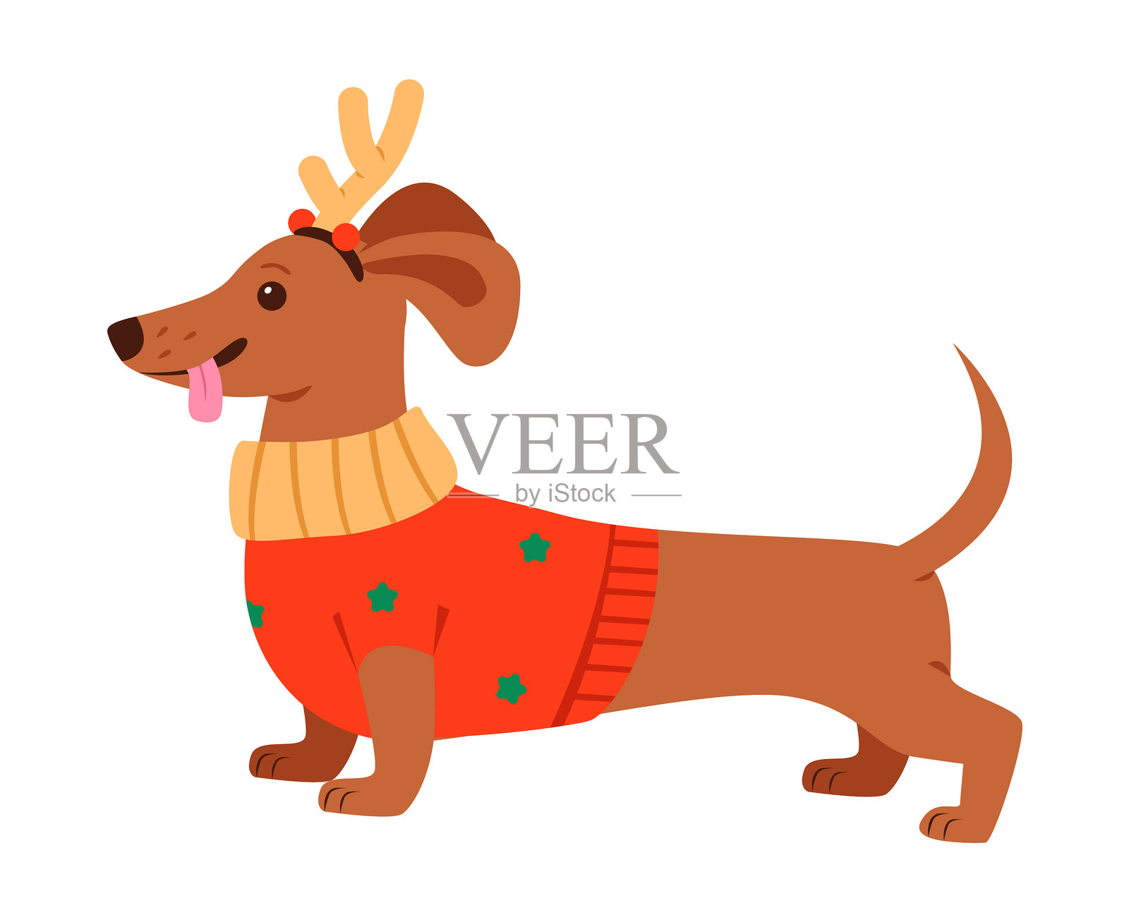 可爱的腊肠犬穿着节日的驯鹿毛衣，充满圣诞的温馨与喜悦。扁平化矢量插画。插画图片素材