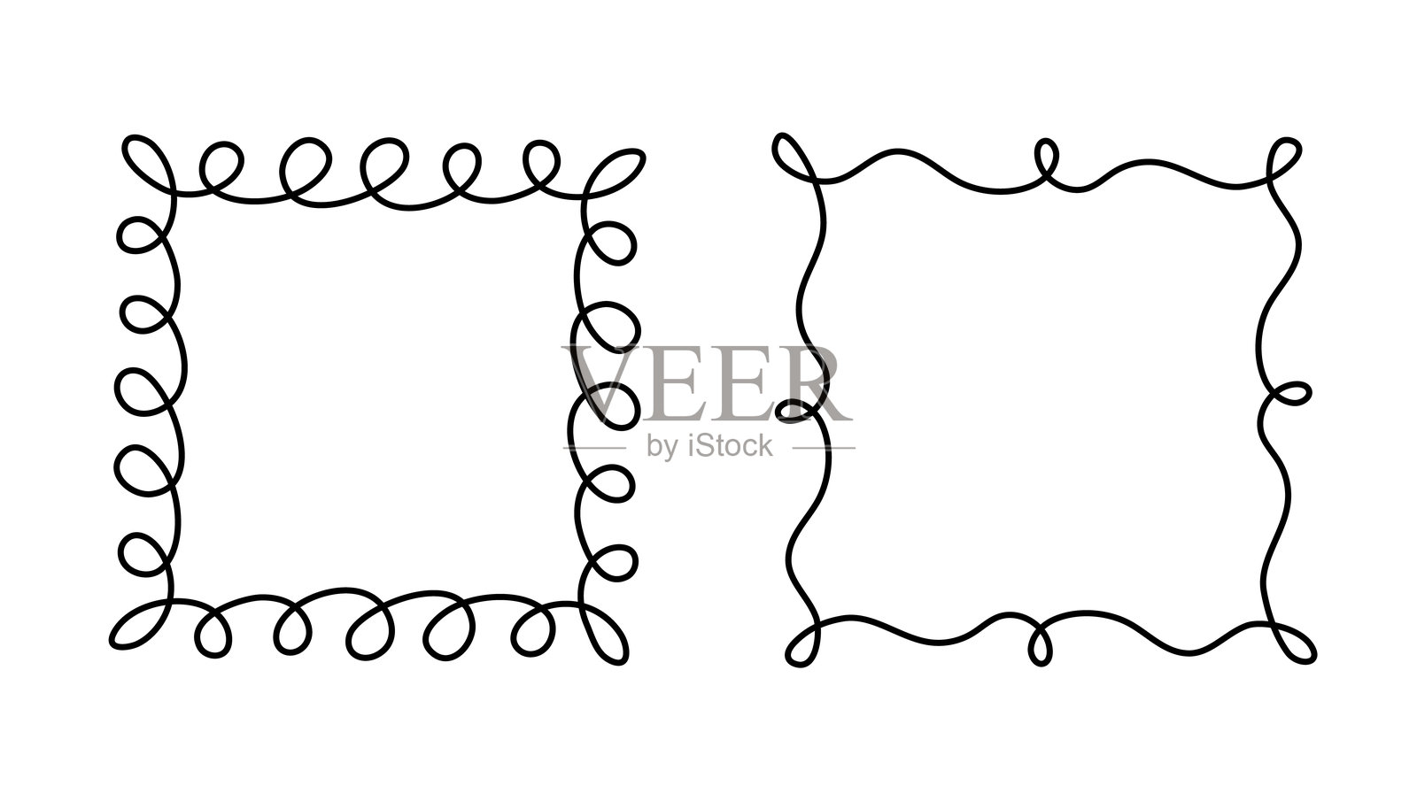 方形涂鸦相框印章，手绘波浪卷曲的订婚字母组合。带有简单草图涂鸦漩涡设计的边框和框架，老式问候元素，用于照片装饰。孤立。矢量图。插画图片素材