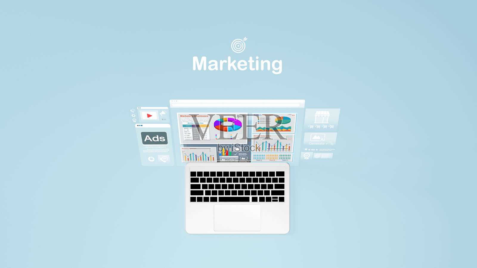 数字营销概念，笔记本电脑展示营销仪表板、分析图表和在线广告界面。商业策略、数据分析和营销技术背景。照片摄影图片