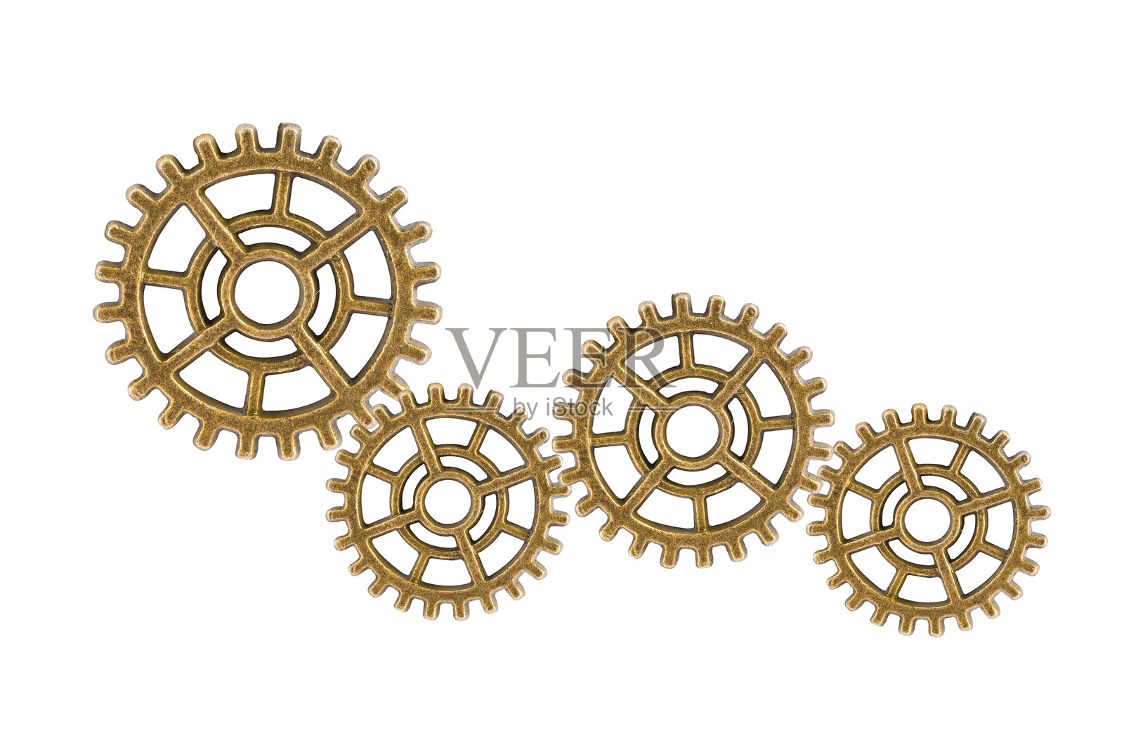 齿轮和传动轮孤立在白色背景上，钟表机械，黄铜金属发动机工业。照片摄影图片