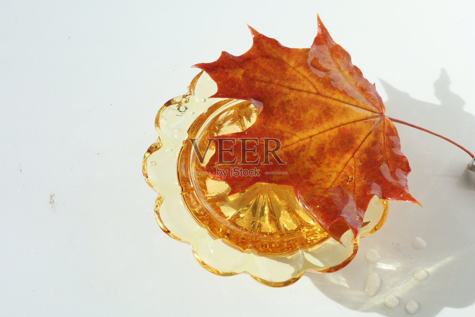 白底枫叶糖浆和枫叶照片摄影图片