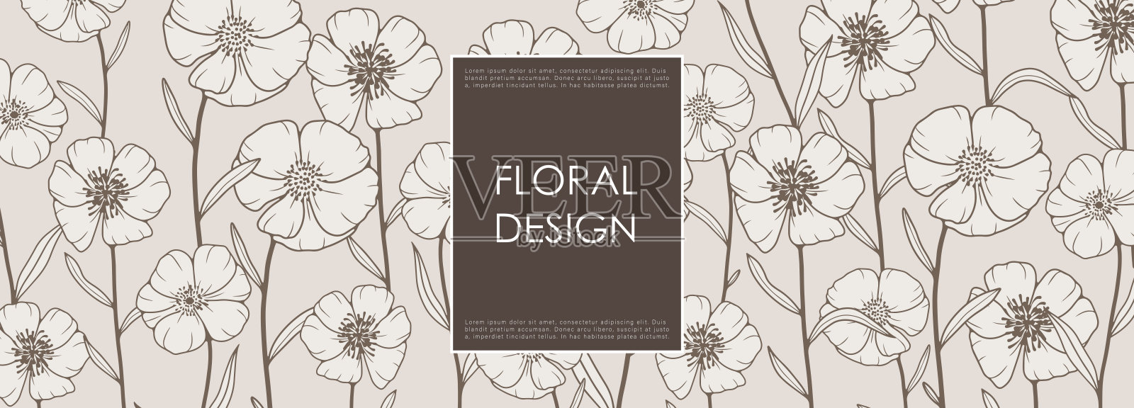 精致的单色米色花卉设计，带有野花。花卉背景、壁纸、卡片、海报、横幅、封面设计。插画图片素材