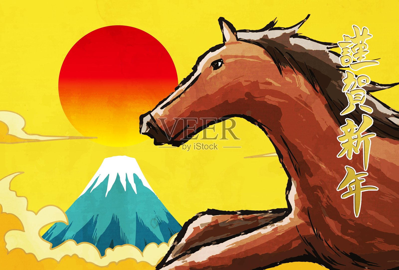 卡通漫画纸屑彩色背景生肖马新年贺卡插画图片素材