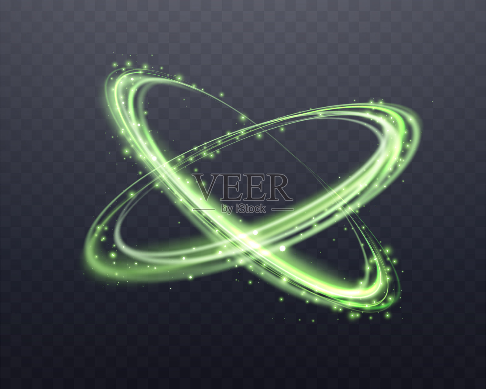 绿色魔法发光戒指。霓虹写实能量耀斑光环戒指。深色透明背景上的抽象光效。矢量图。插画图片素材