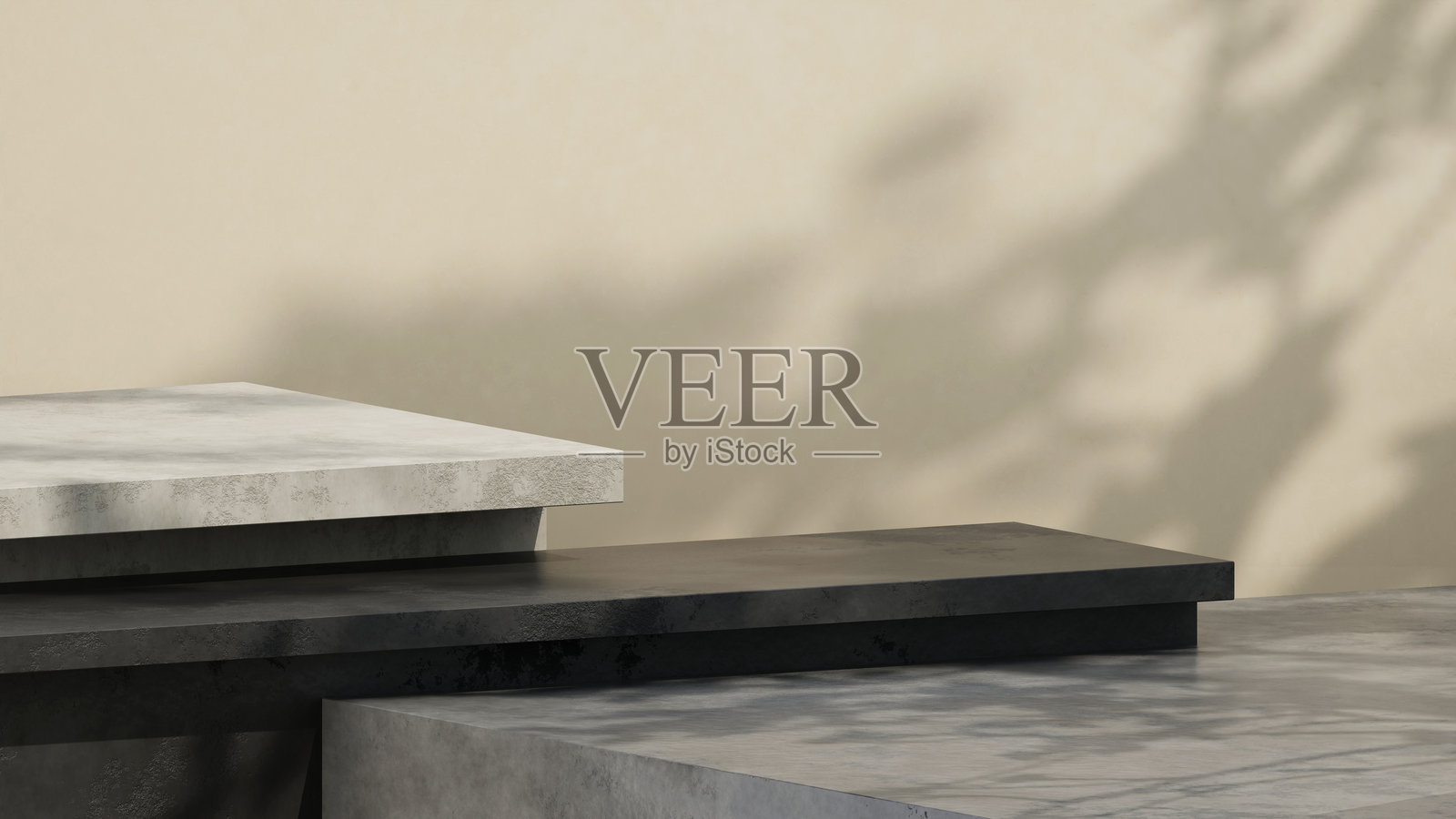 简约几何产品展示的3D插画，带有树叶阴影的极简讲台，化妆品展示背景照片摄影图片