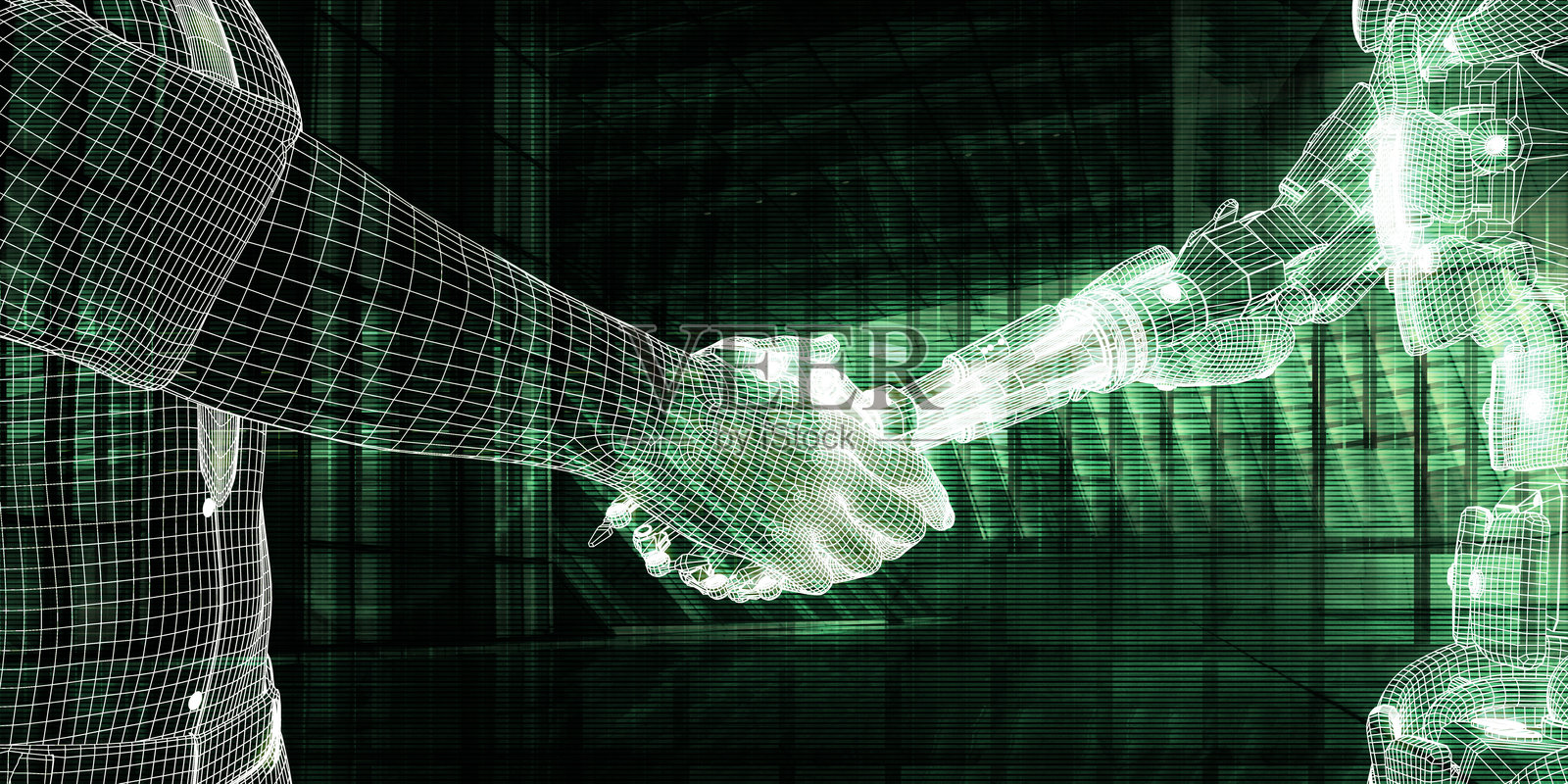 与机器人人类达成技术协议照片摄影图片