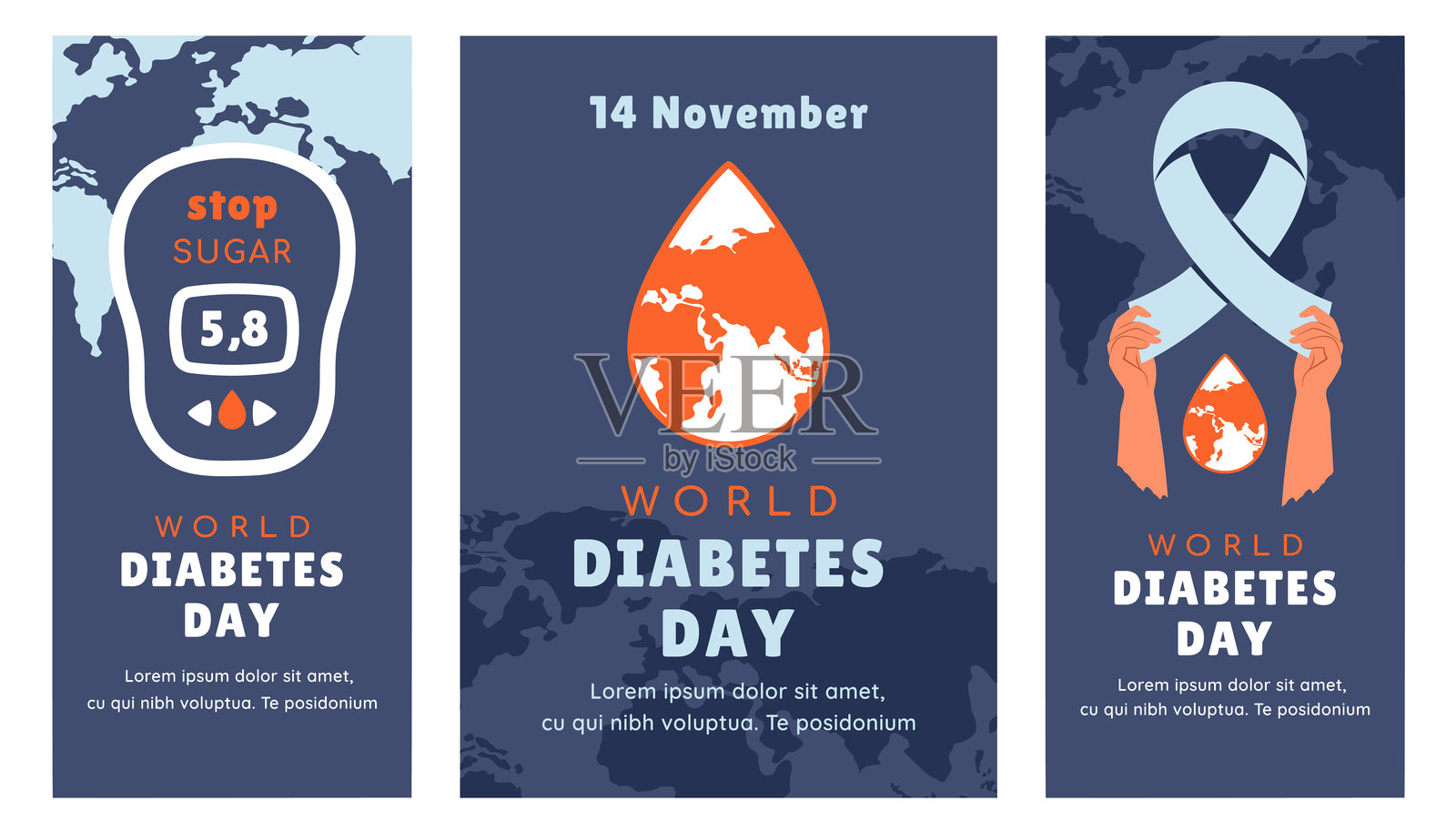 世界糖尿病日。海报集。糖尿病护理与教育宣传。人类的双手举着蓝色丝带，象征团结与支持。控制血糖。矢量插画插画图片素材