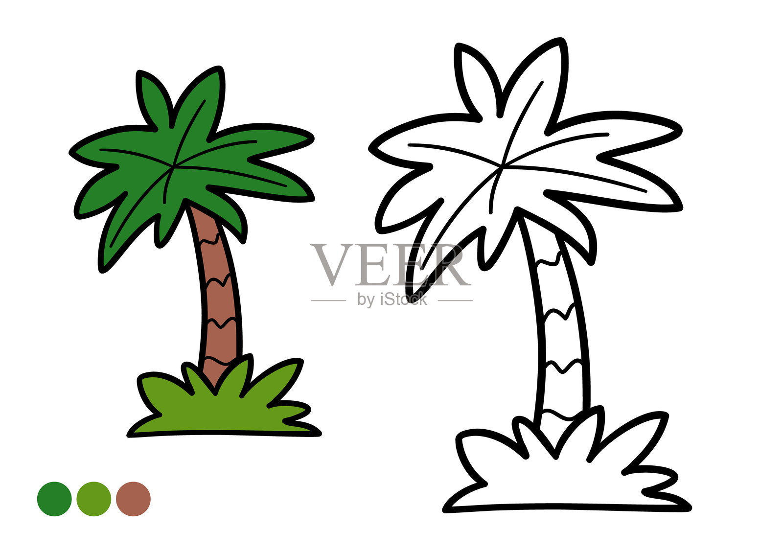 可爱的卡通棕榈树儿童填色书页。简单的史前树木轮廓。插画图片素材