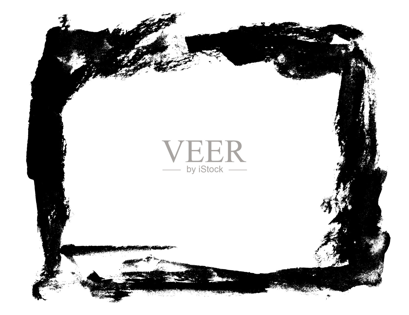 笔触边框设计。黑色油漆矩形边框。白色背景上的粗犷粗糙笔触边框插画图片素材