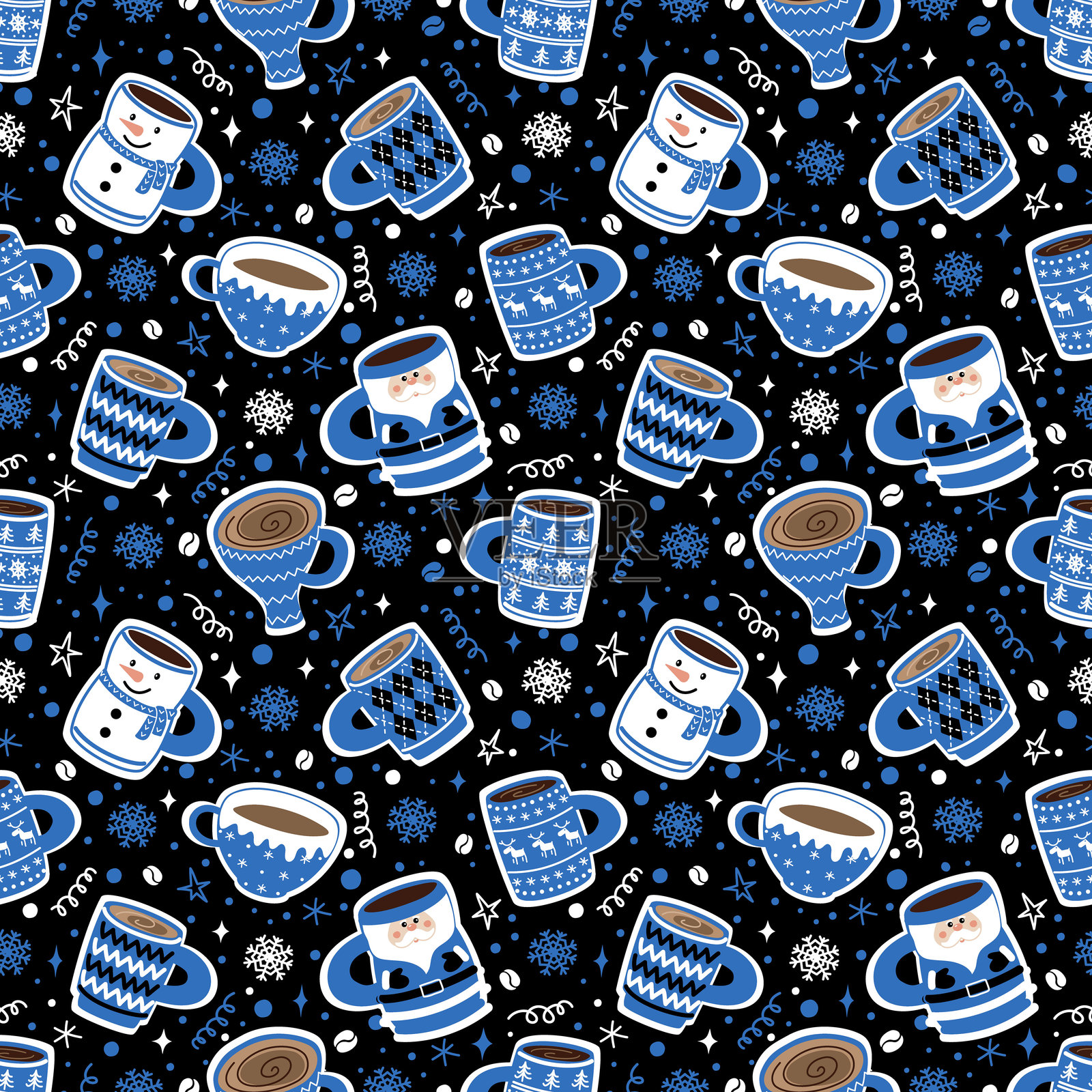 圣诞咖啡无缝图案。冬季节日背景。圣诞咖啡杯、雪花、咖啡豆、星星。蓝色、白色、黑色矢量图。插画图片素材
