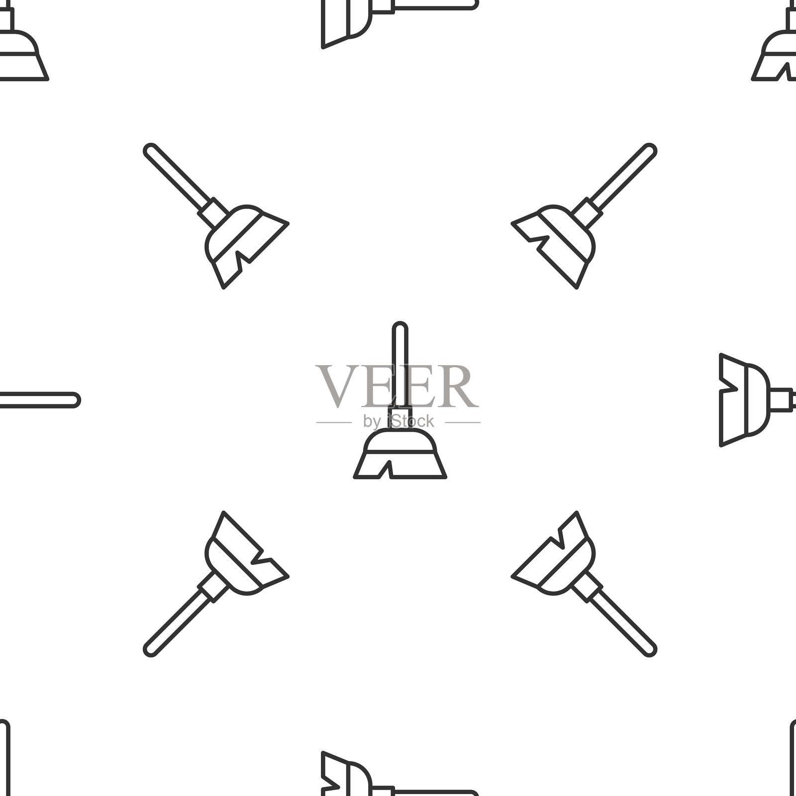 灰色线条扫帚手柄图标，在白色背景上孤立的无缝图案。清洁服务概念。矢量图插画图片素材