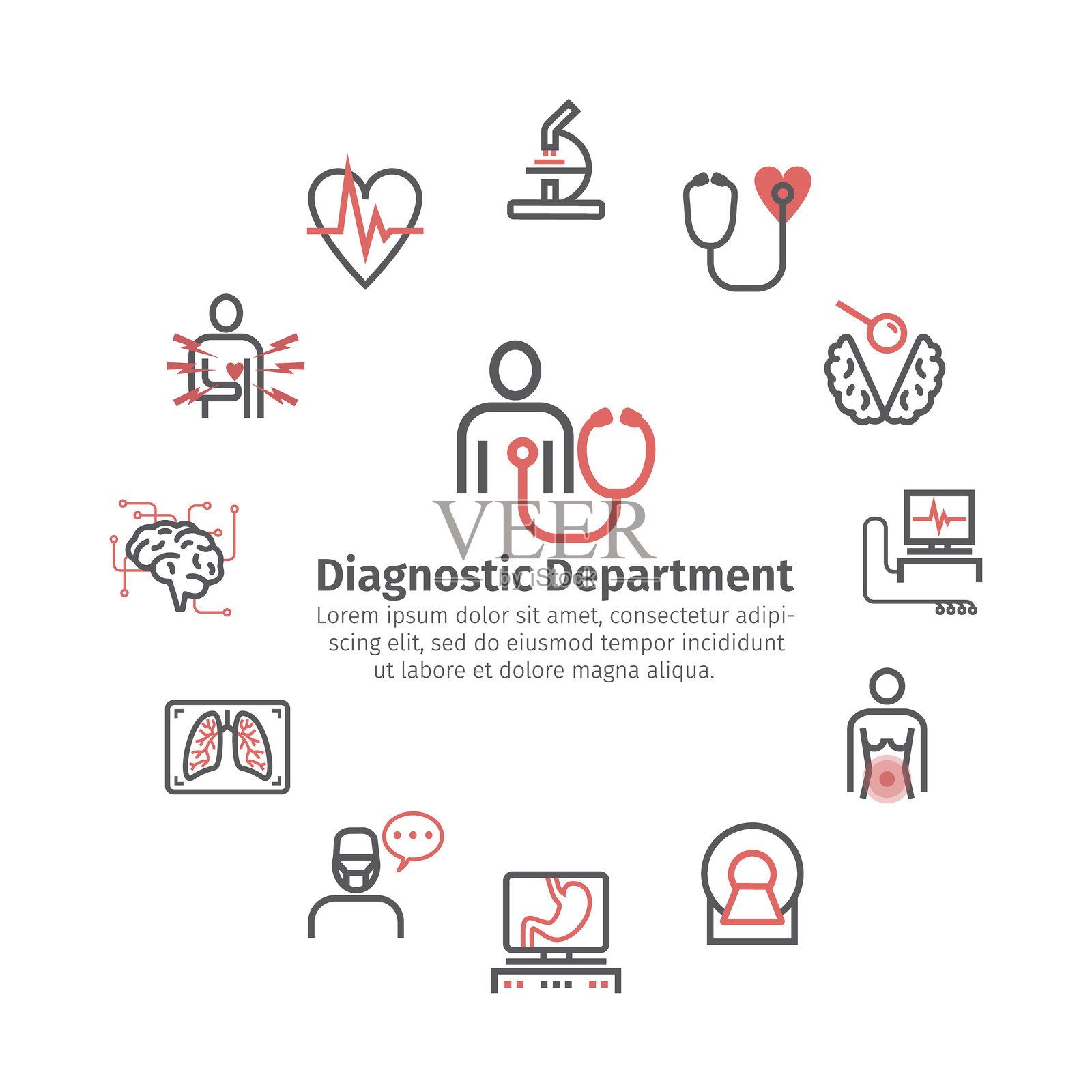 医疗诊断圆形横幅。线条图标。健康中心。网页图形的矢量标志。插画图片素材