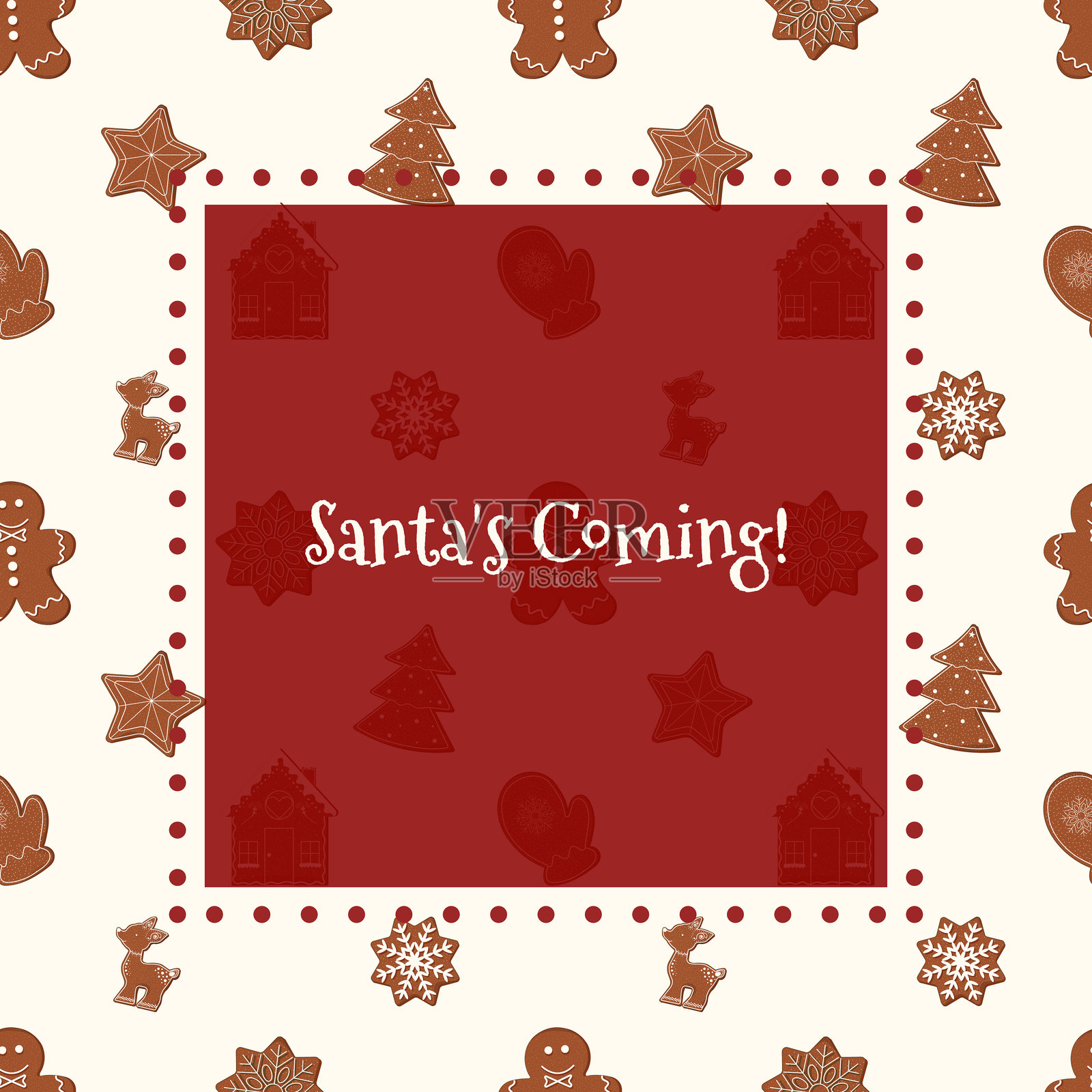 节日图案，包含姜饼屋、饼干和卡通人物。圣诞贺卡设计，中间有勃艮第酒红色的方形边框用于书写祝福语。矢量假日问候模板。插画图片素材