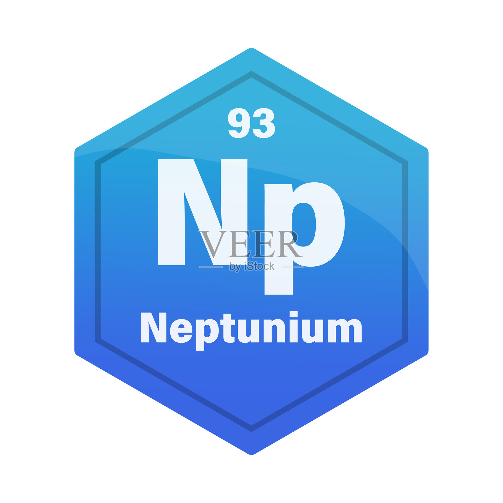 海王星化学元素图块。原子序数九十三。Np标志矢量图标。亮蓝色渐变六边形。插画图片素材