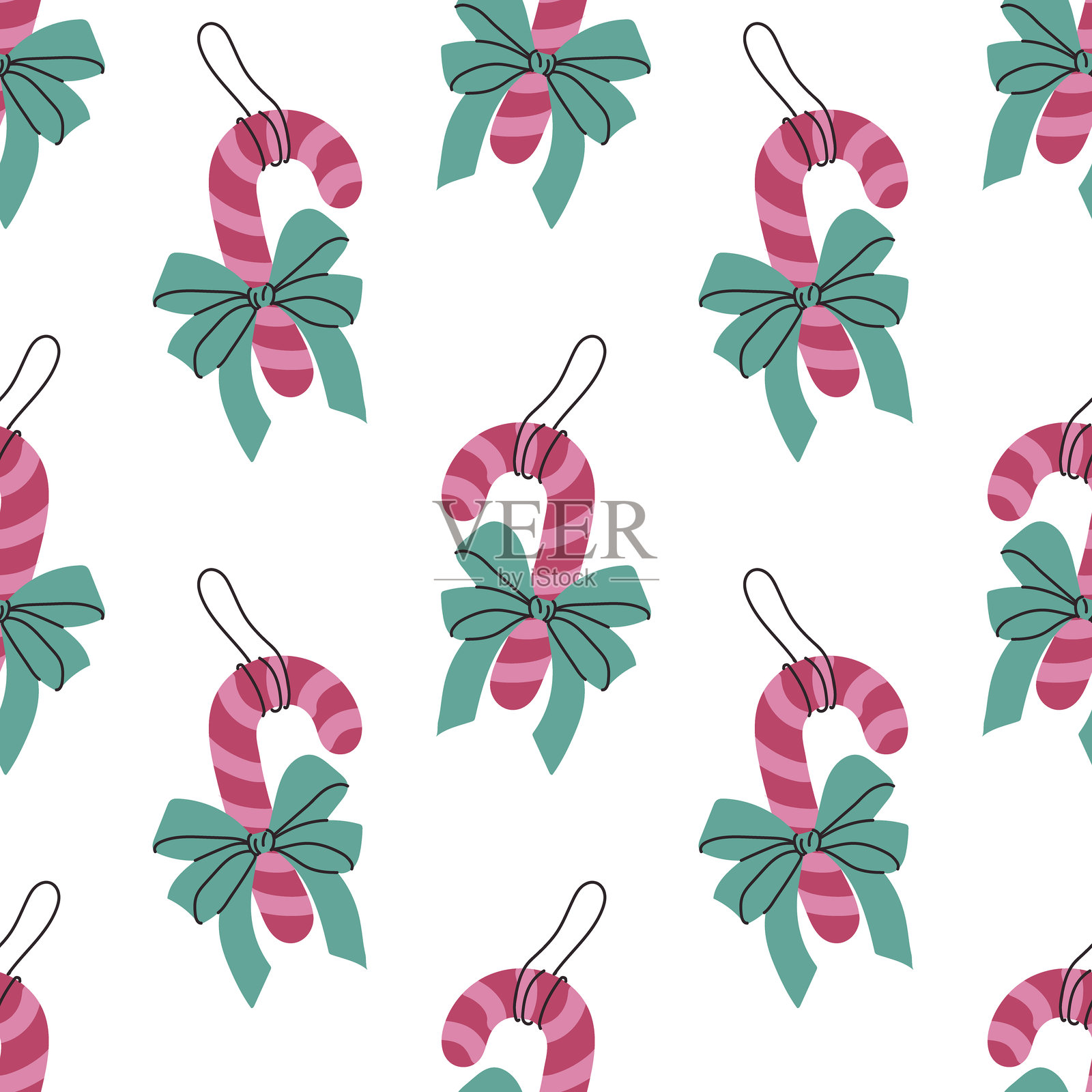 白色背景上色彩鲜艳的糖果手杖，系着绿色蝴蝶结，准备用于节日装饰插画图片素材