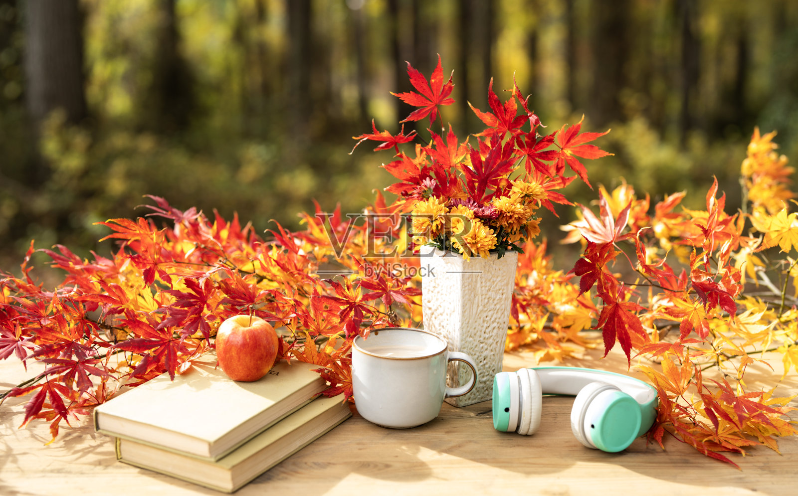 感恩节温馨的秋季餐桌布置。舒适的秋日氛围。浪漫的秋日情调。秋季构成。茶与书营造宁静的秋日氛围。秋日放松。照片摄影图片