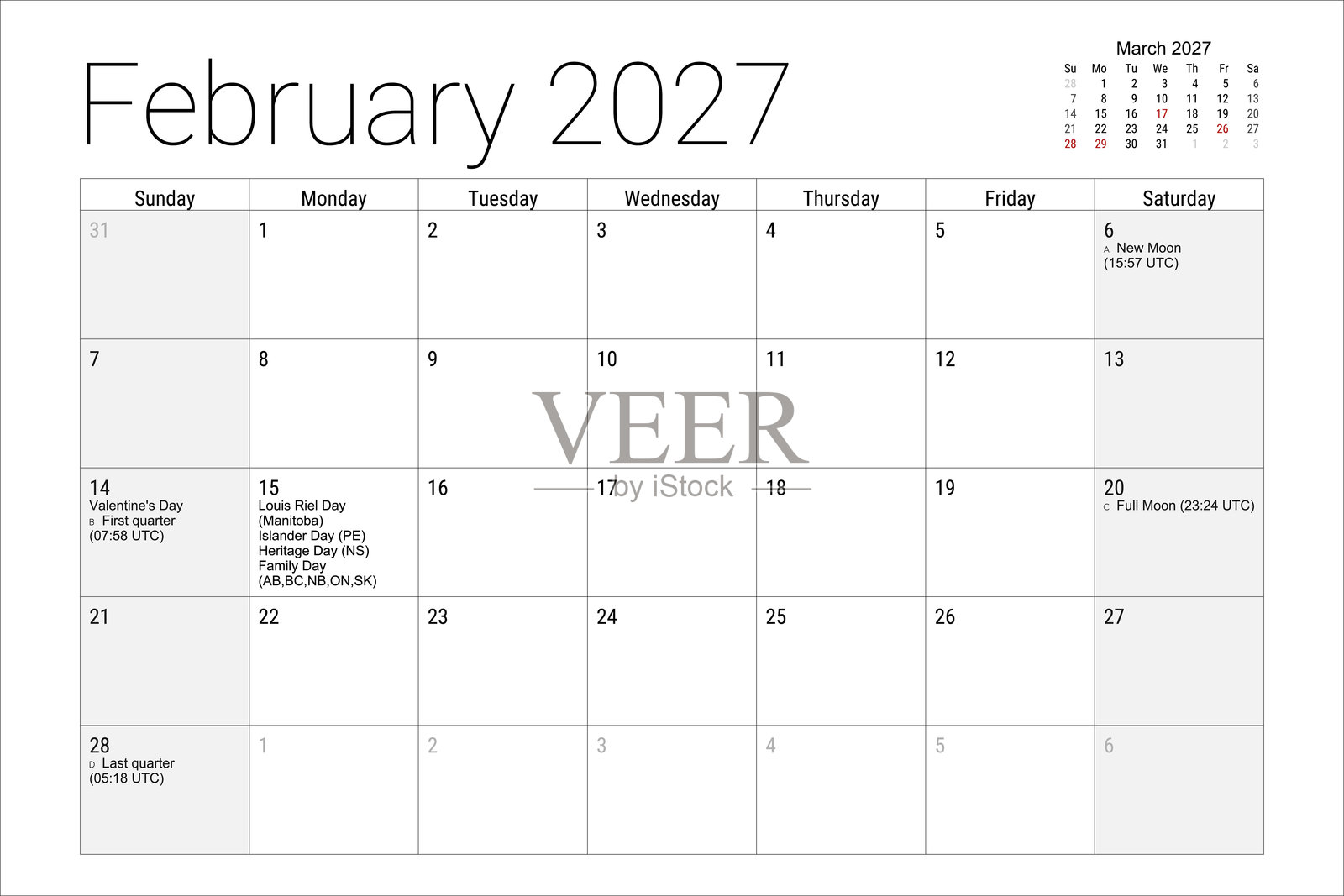 2027年2月日历，显示情人节、新月和满月月相，包含月份、日期和星期日插画图片素材