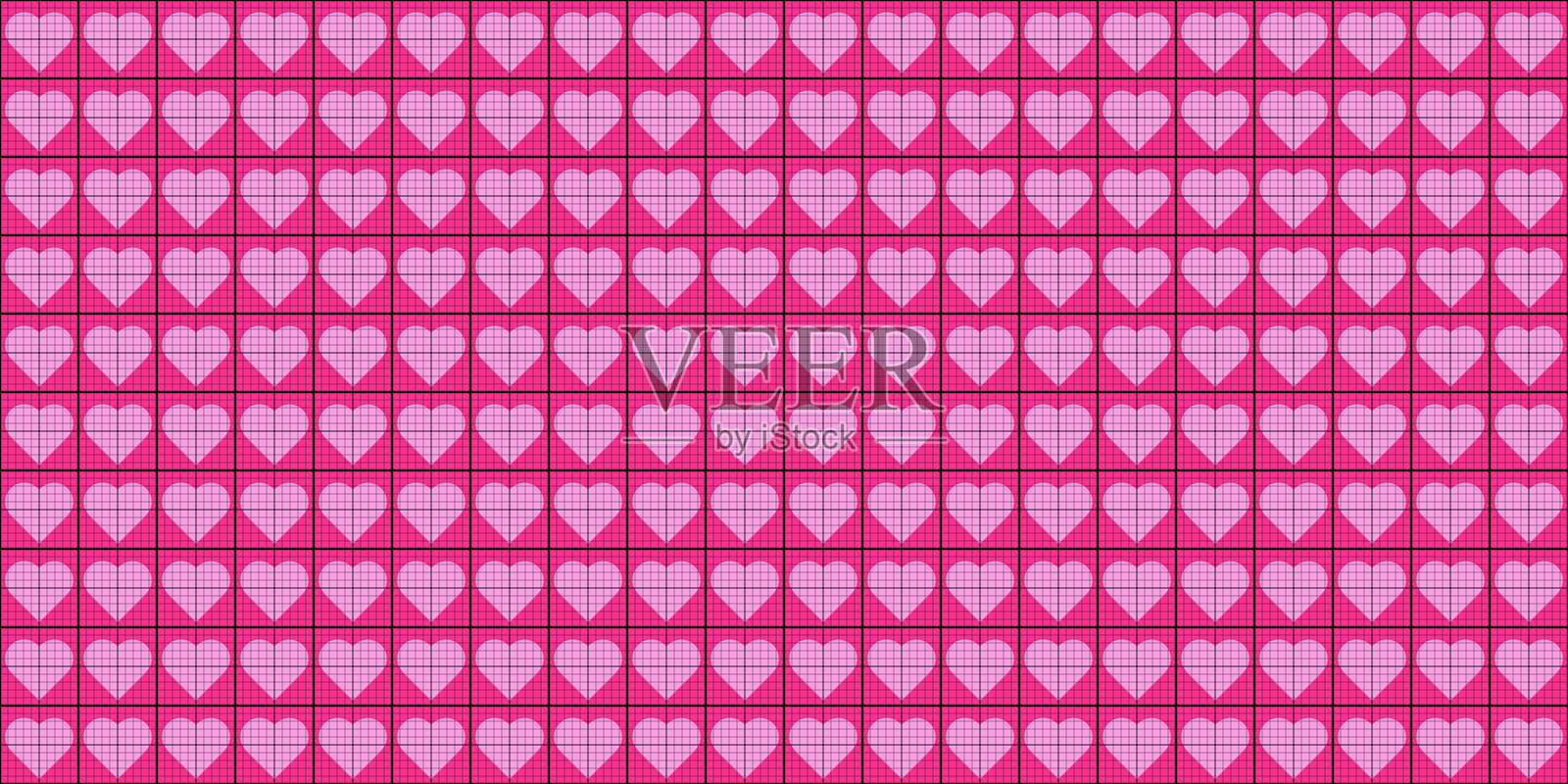 无缝粉色毫米方格纸图案，格子里有浅粉色心形插画图片素材