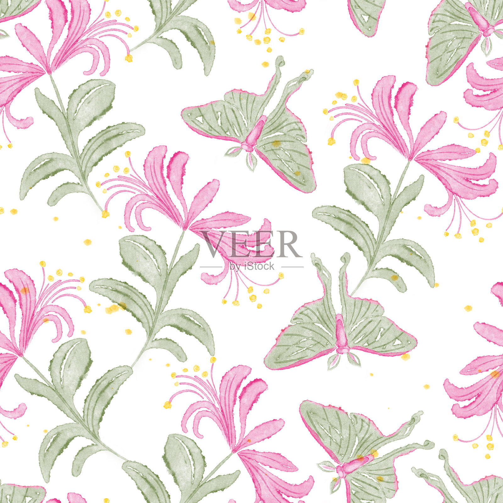 粉色异域花卉与蝴蝶翩翩起舞的水彩无缝图案插画图片素材