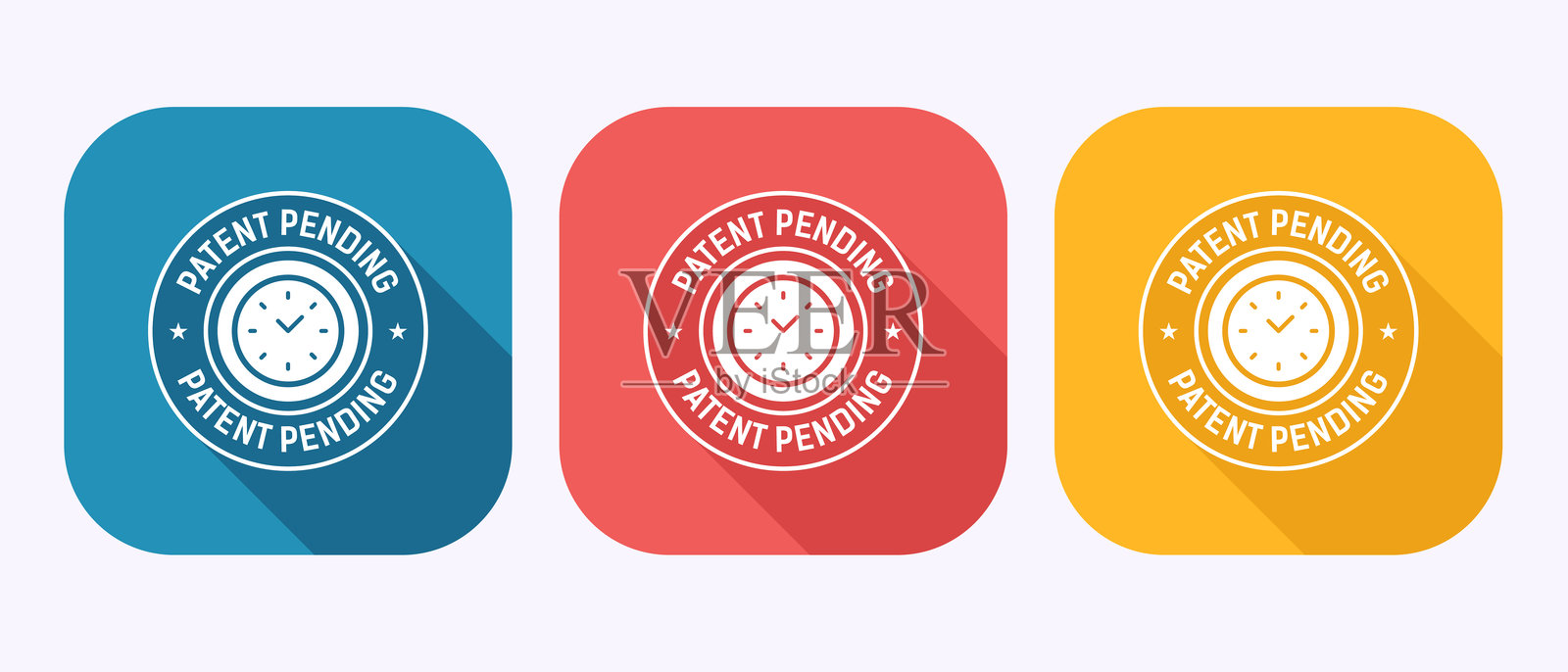 三个带有时钟图标和长影子的彩色椭圆形徽章插画图片素材