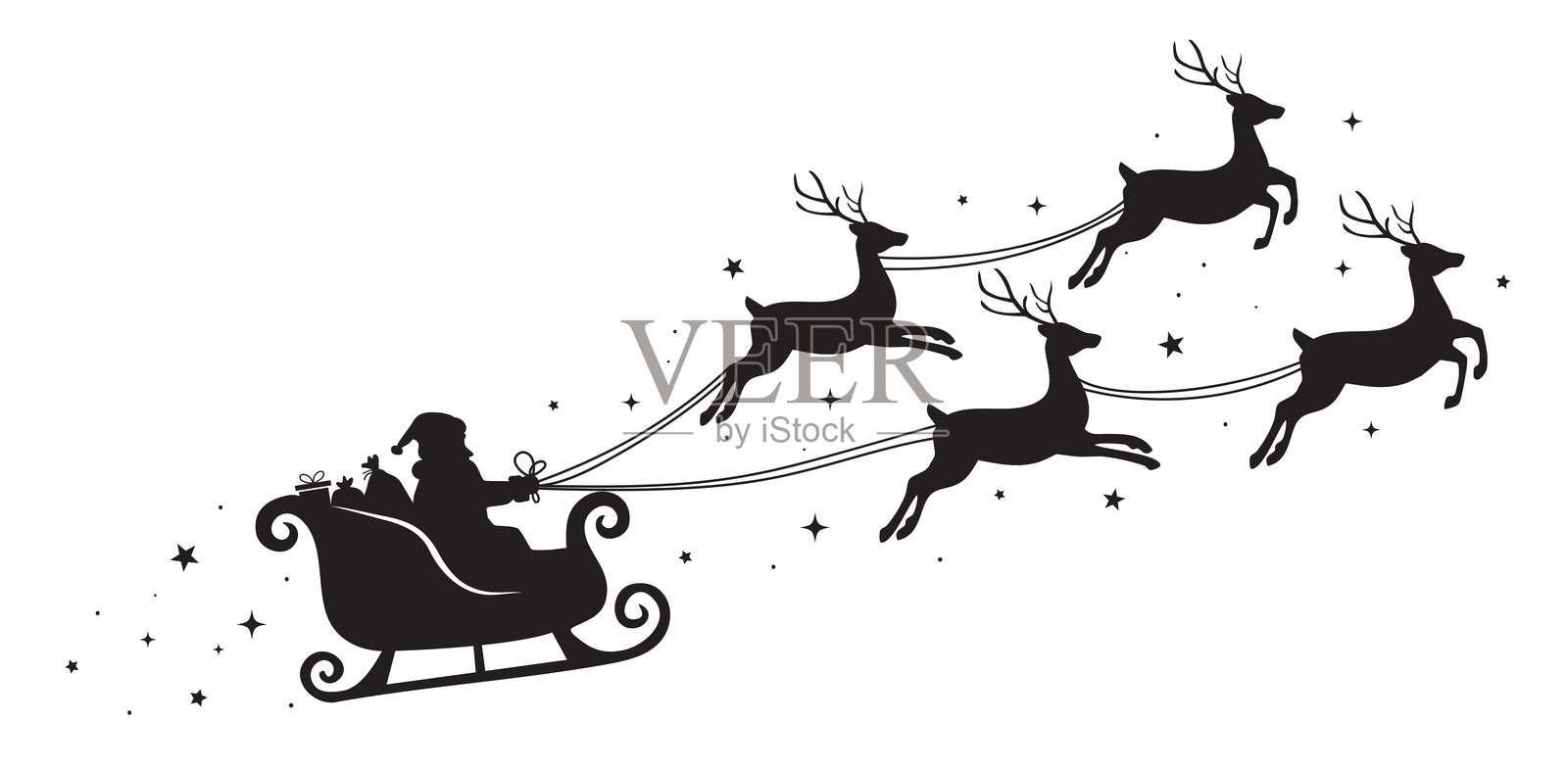 圣诞老人驾驭飞翔的驯鹿雪橇。闪光、星星装饰元素。圣诞老人雪橇剪影，孤立在白色背景上。圣诞快乐。矢量插画插画图片素材