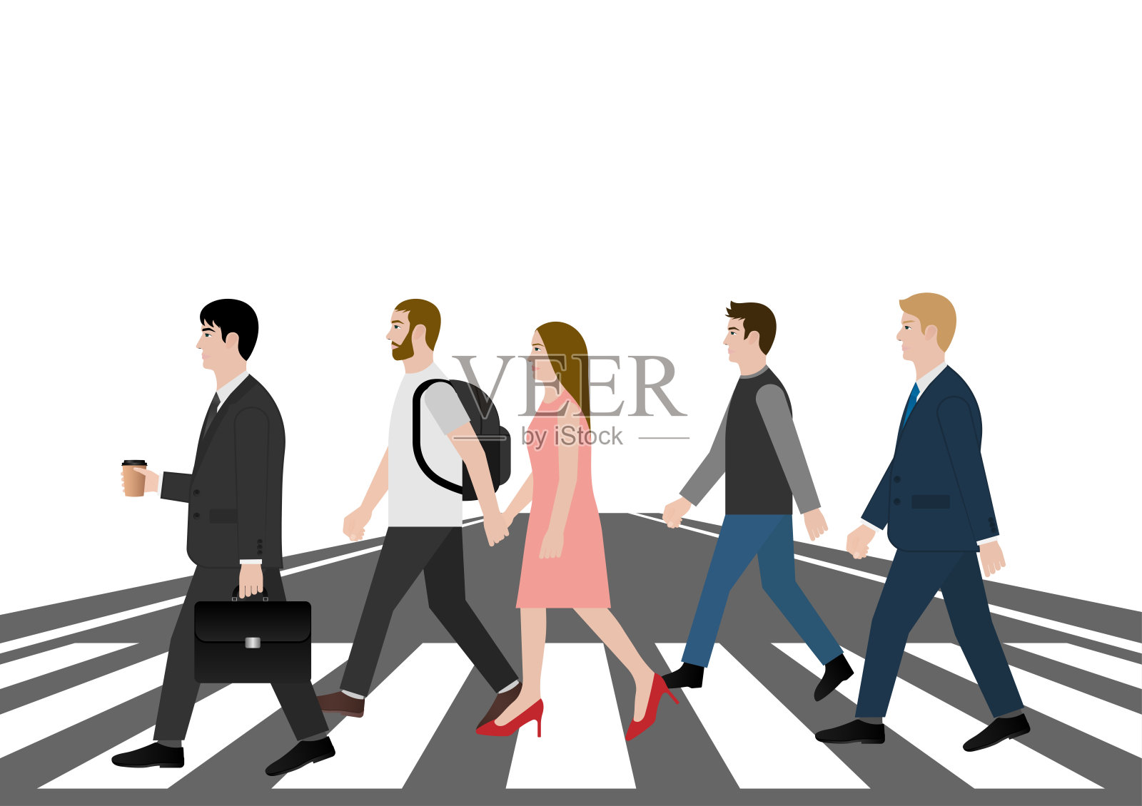 人们走在城市人行横道上。人行横道。行人过马路。斑马线。插画图片素材