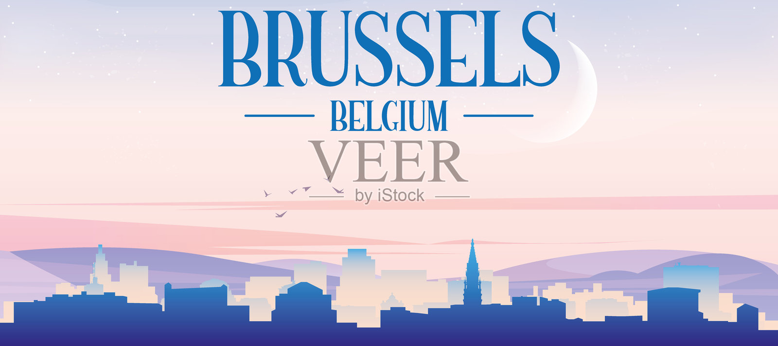布鲁塞尔、比利时 şehrin genel silüetini gösteren panorama posteri插画图片素材