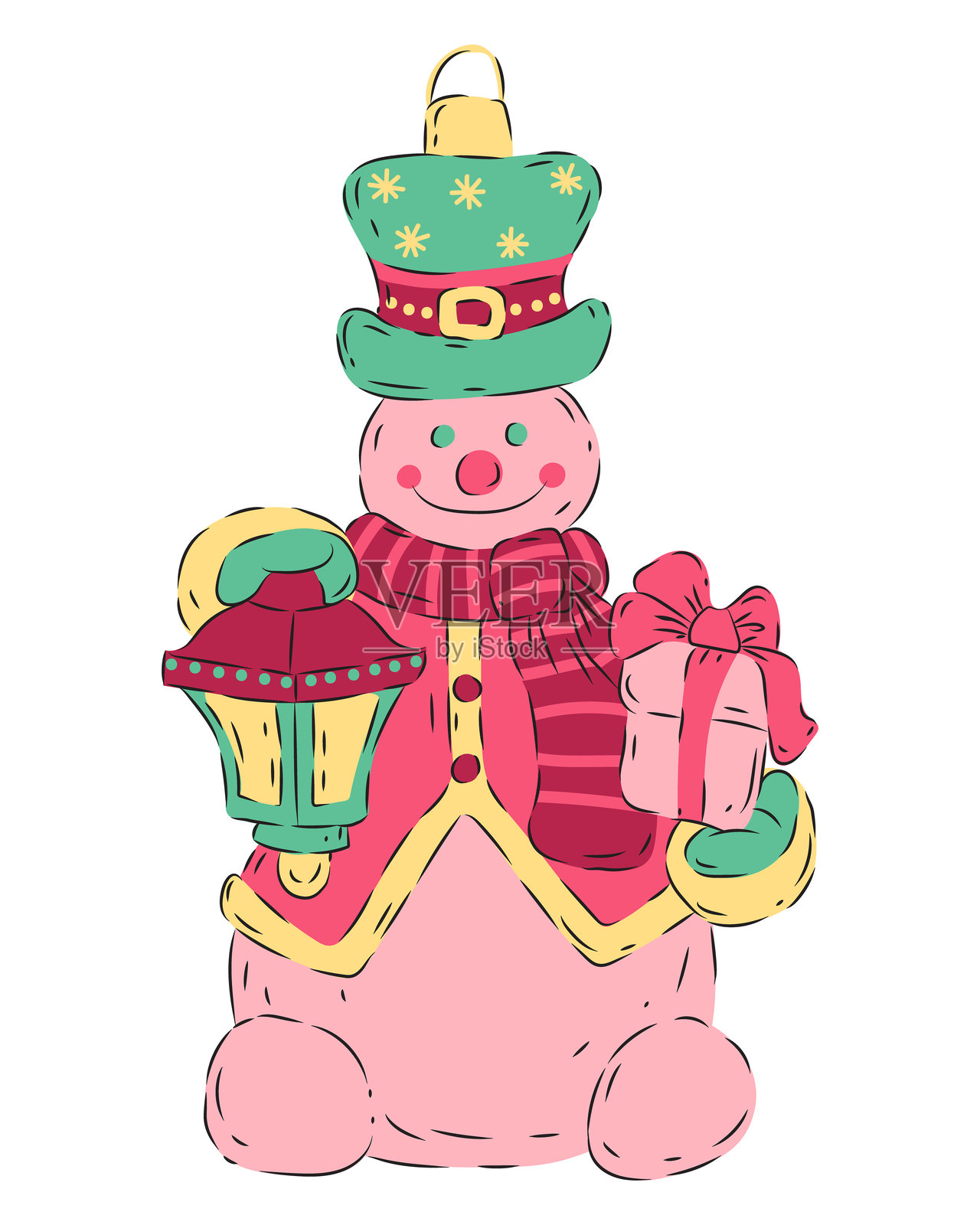 可爱的雪人手中拿着灯笼和礼物。戴着帽子、夹克和围巾的节日角色。手绘圣诞装饰品。红色、粉色、绿色、黄色。矢量插画，孤立。插画图片素材
