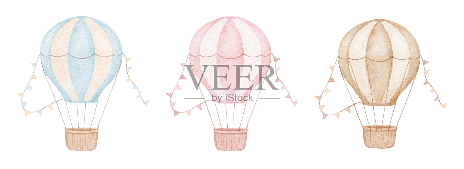 带有蓝、粉和棕色旗帜的热气球。水彩风格的独立插画，适用于性别揭晓派对插画图片素材