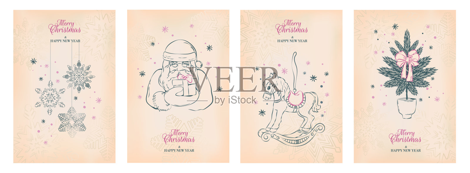 圣诞贺卡集。时尚复古设计，手绘涂鸦风格，异想天开。插画图片素材