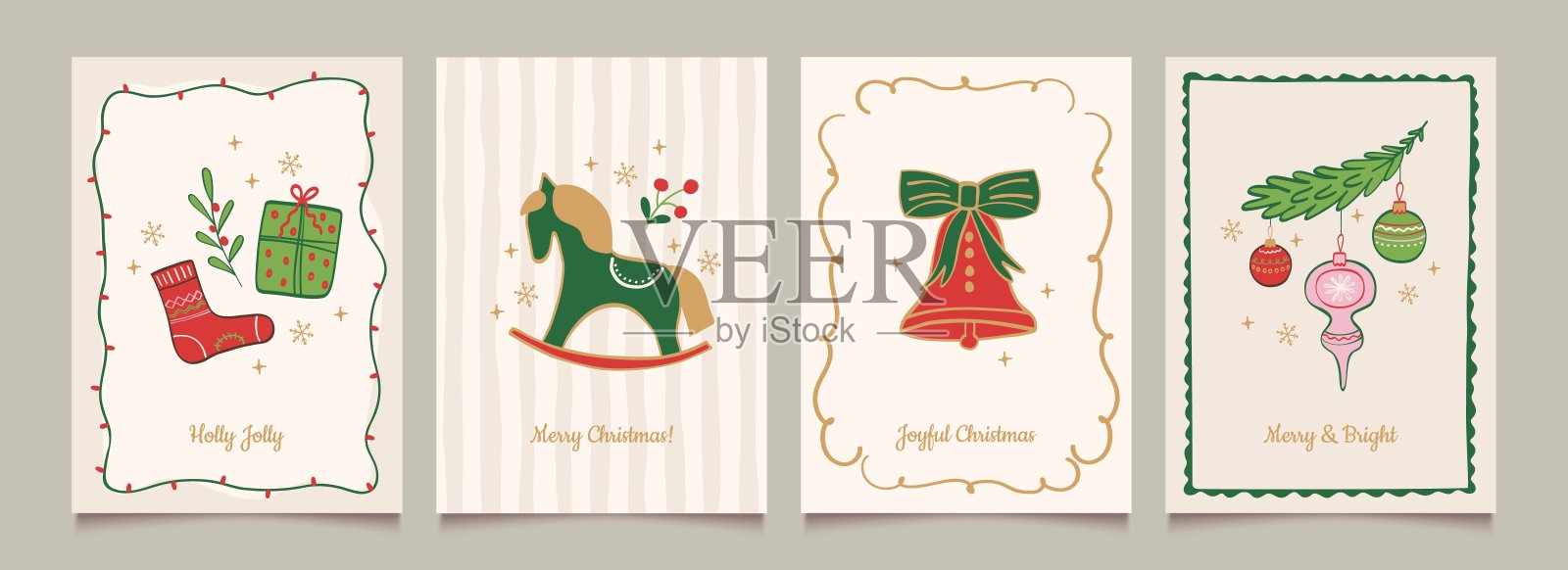 一套手绘圣诞快乐卡片。背景带有边框和装饰。节日海报、菜单、邀请函。可爱奇幻的复古涂鸦装饰。矢量图。插画图片素材