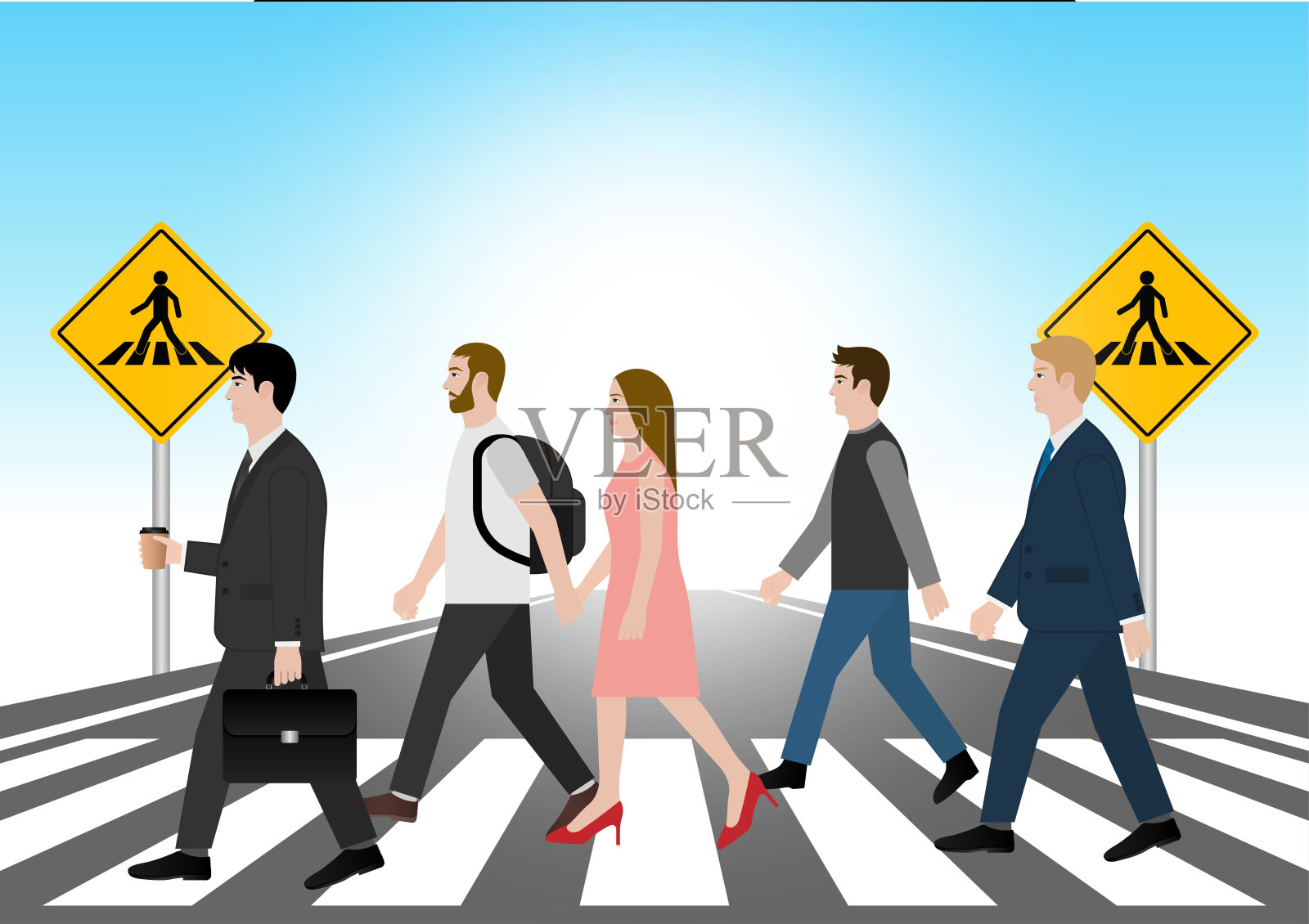 人们走在城市人行横道上。人行横道。行人过马路。斑马线。插画图片素材