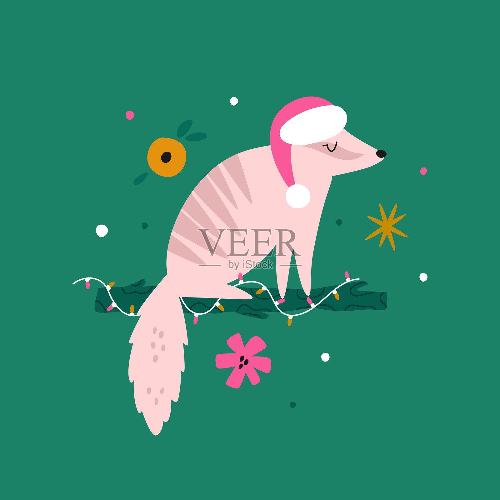 可爱的粉色澳大利亚袋狸戴着圣诞帽和圣诞彩灯。节日矢量图。插画图片素材