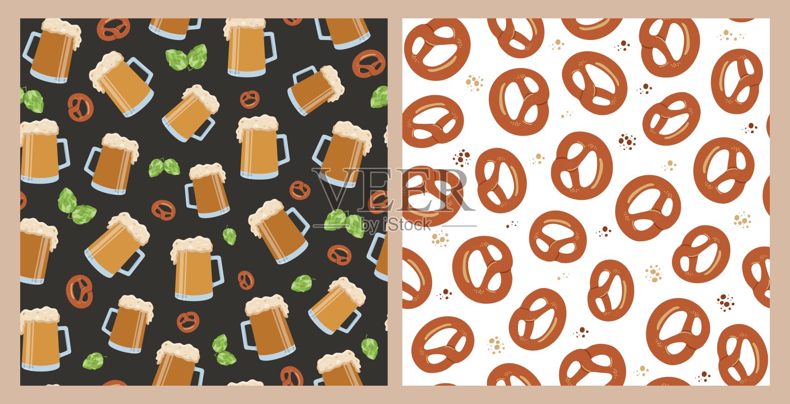 啤酒杯、啤酒花、零食。无缝图案集。食物和饮料。啤酒节、节日、假日。蝴蝶脆饼、椒盐卷饼、糕点。重复矢量背景。插画图片素材