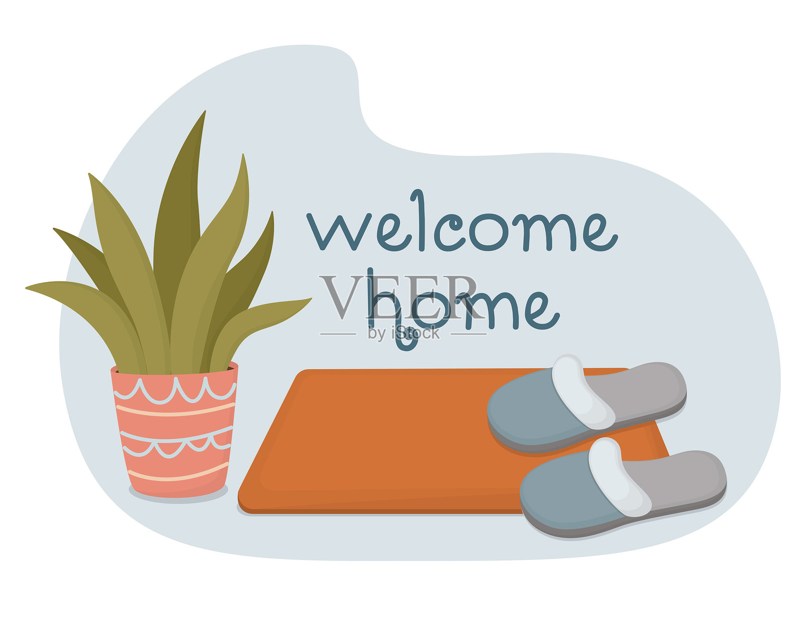 舒适的门垫，旁边放着柔软的居家拖鞋和装饰盆栽插画图片素材