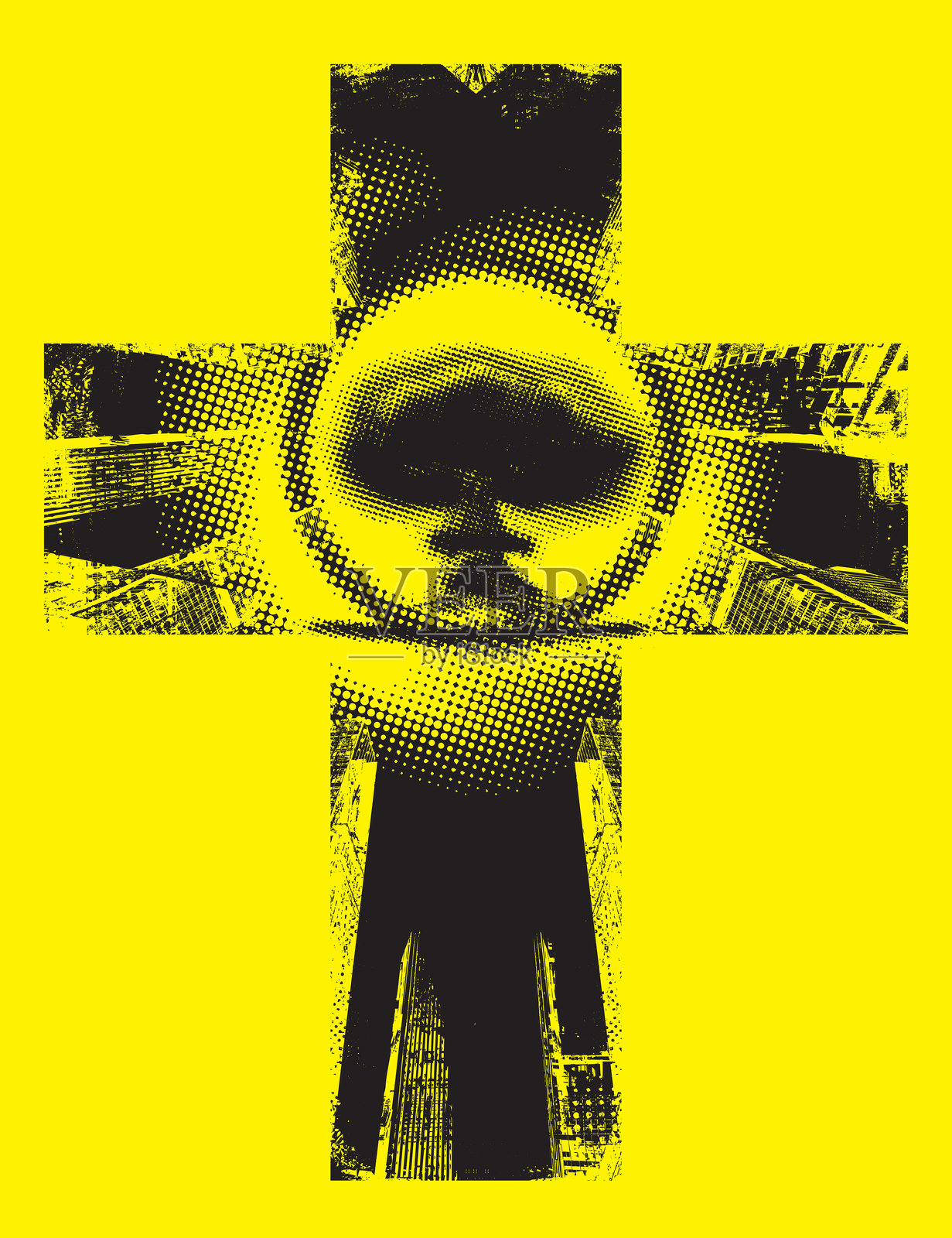 城市景观的交叉背景，包含建筑元素和蘑菇云插画图片素材