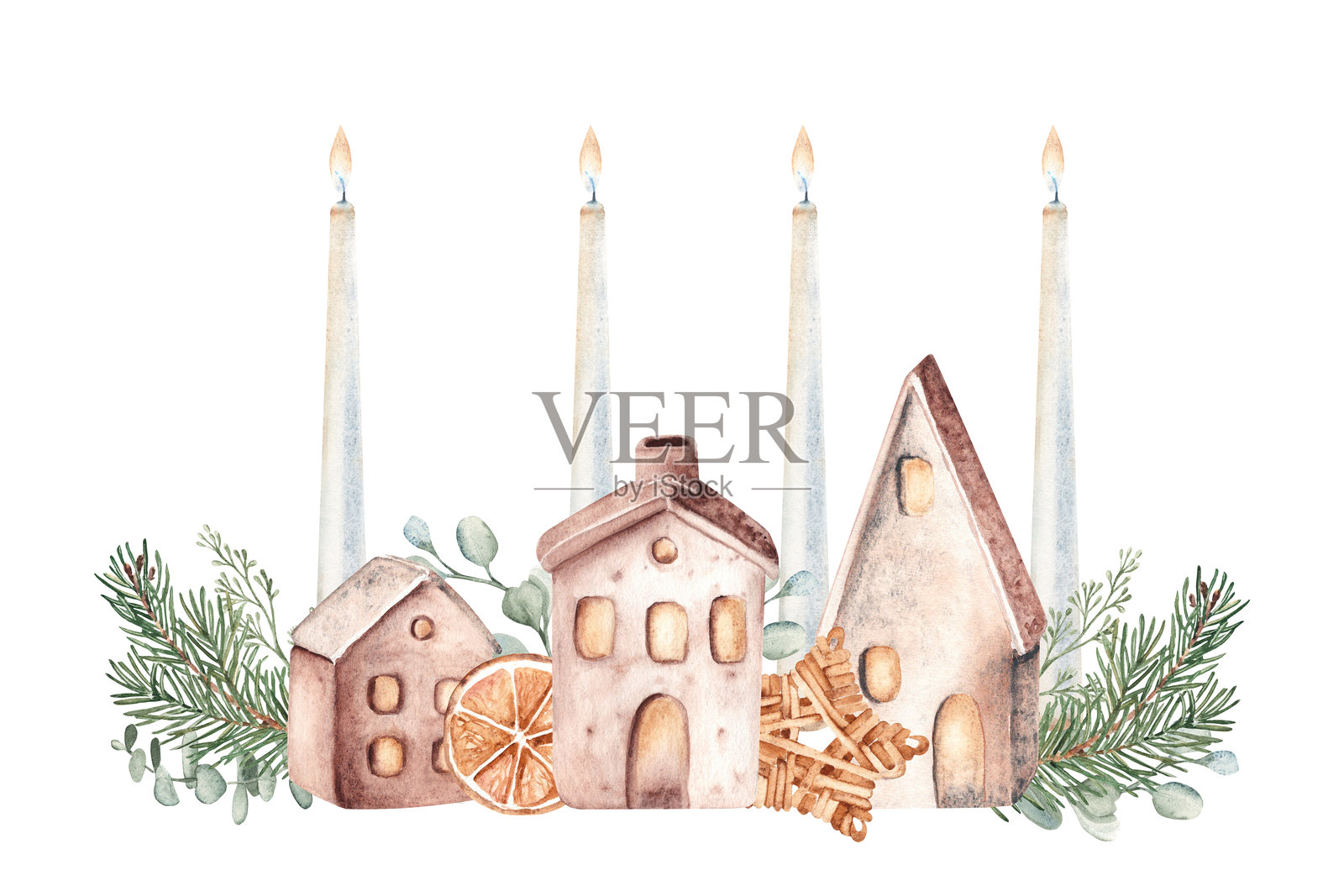 圣诞倒计时构图。第四个圣诞倒计时。带有陶瓷房屋、松枝和桉树的蜡烛。橙片和冬季浆果。质朴风格的舒适家居装饰。手绘水彩插画，孤立在背景上。插画图片素材