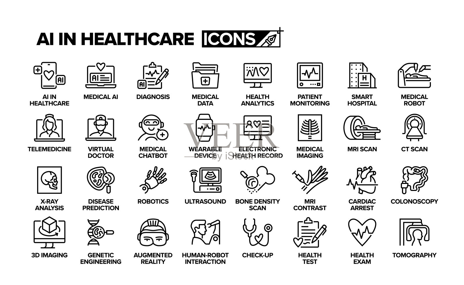 人工智能医疗图标集。一组对象。机器人手术、健康技术、增强现实、人工智能、医院、全息图、机器人、远程医疗。插画图片素材