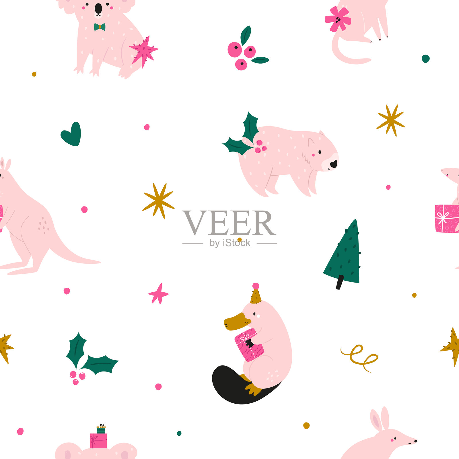 可爱的圣诞澳大利亚动物无缝图案。节日里的考拉、袋鼠、鸭嘴兽和袋熊，带有白色背景上的礼物。插画图片素材