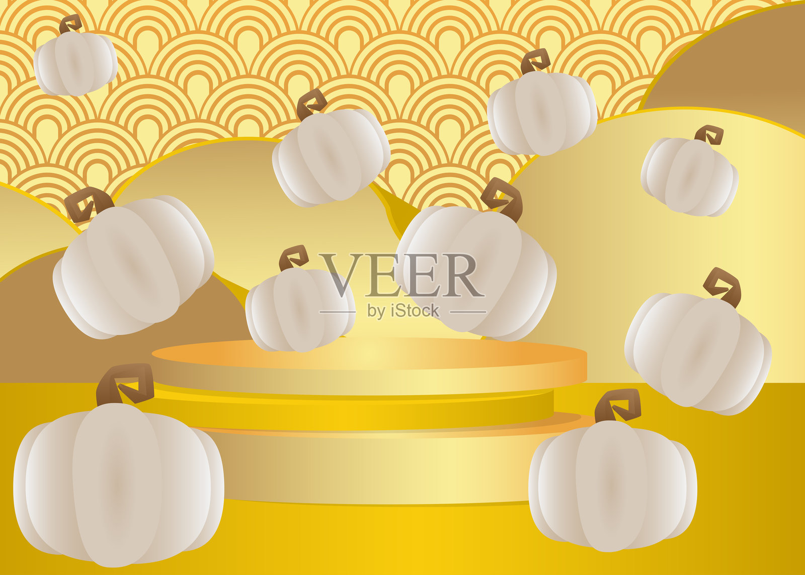 感恩节秋叶和南瓜的样机产品展示。矢量圆柱形展示台。用于演示的舞台展示。极简几何图形。插画图片素材