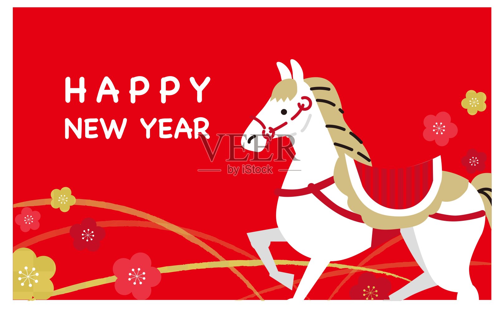 红鬃白马与日式红色纹样背景——优雅喜庆的新年插画插画图片素材