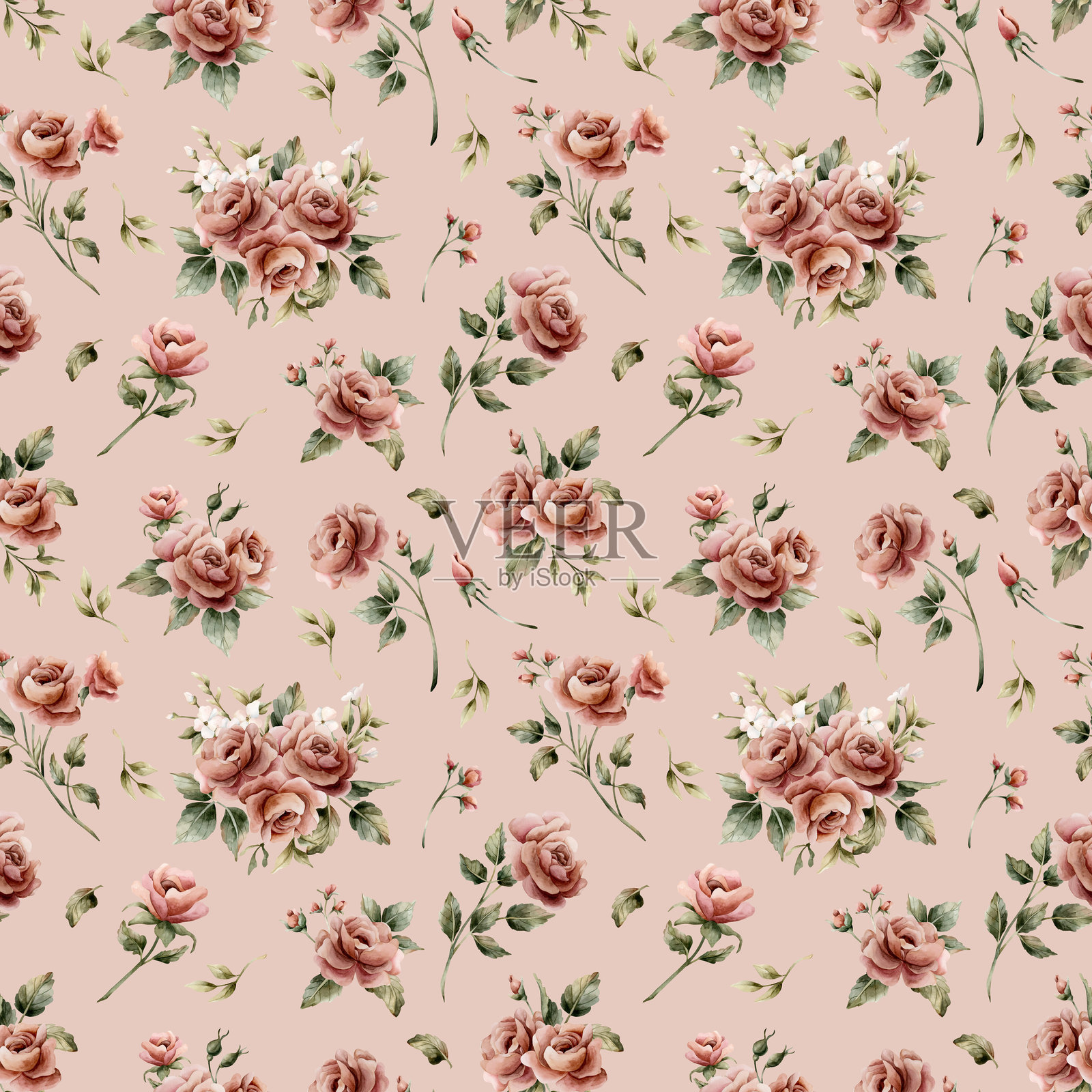 粉色背景上的玫瑰花无缝图案，烟粉色花园，维多利亚风格，水彩手绘花卉插画插画图片素材