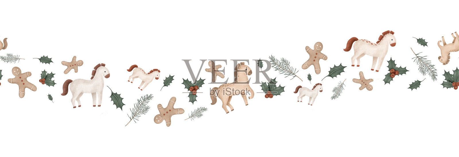 手绘水彩风格的马、姜饼人、冷杉绿枝和带红色浆果的冬青构成的无缝地平线边框，适合新年或圣诞节的柔和色调设计。插画图片素材