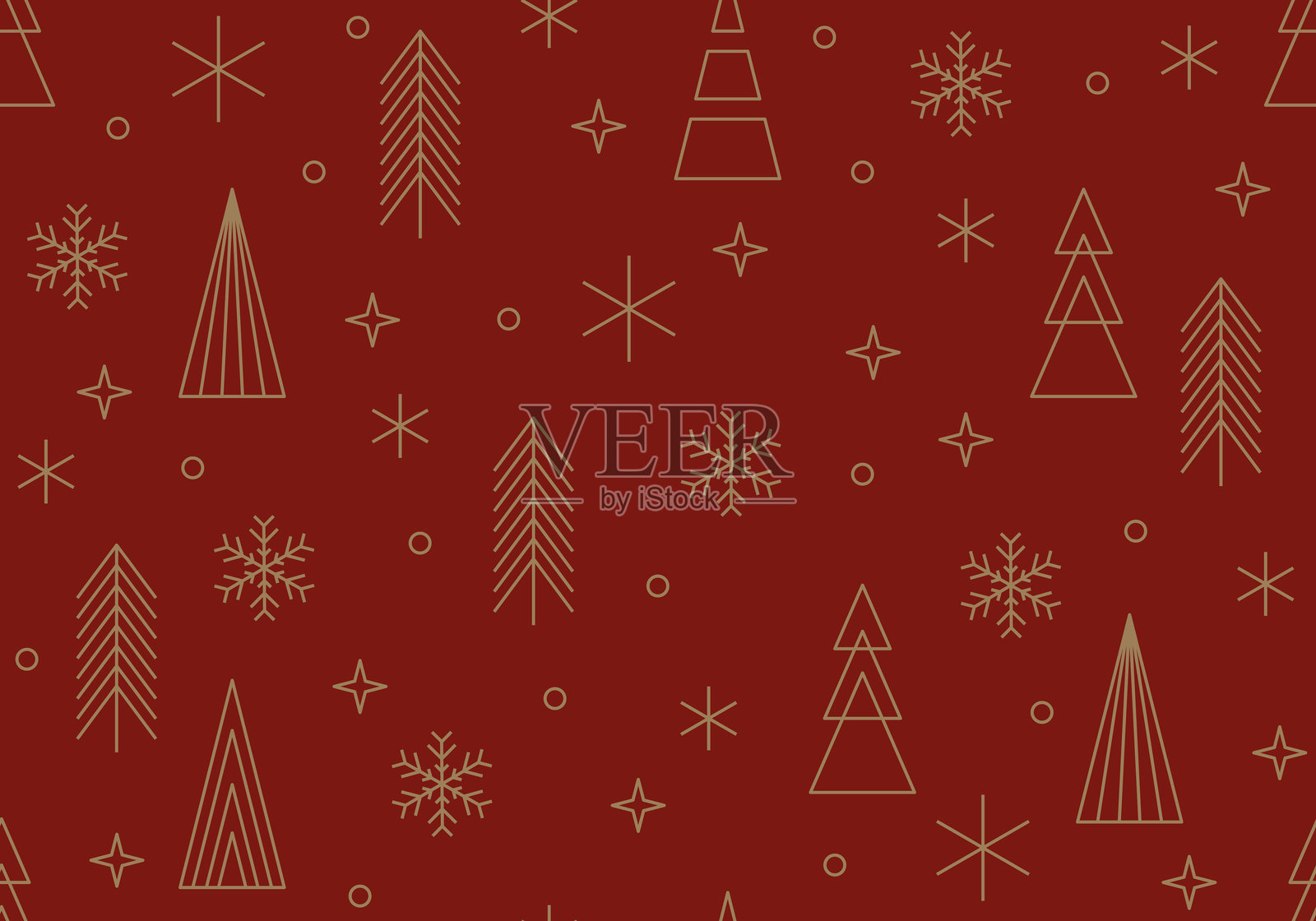 圣诞树、雪花、金色星星的无缝图案。金色圣诞节、新年设计。时尚现代矢量图。可爱设计插画图片素材