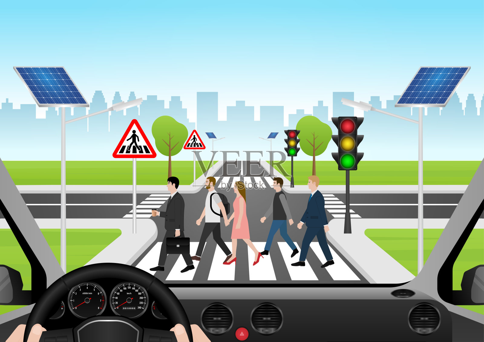 人们走在城市的斑马线上。斑马线。行人过马路。斑马线。插画图片素材