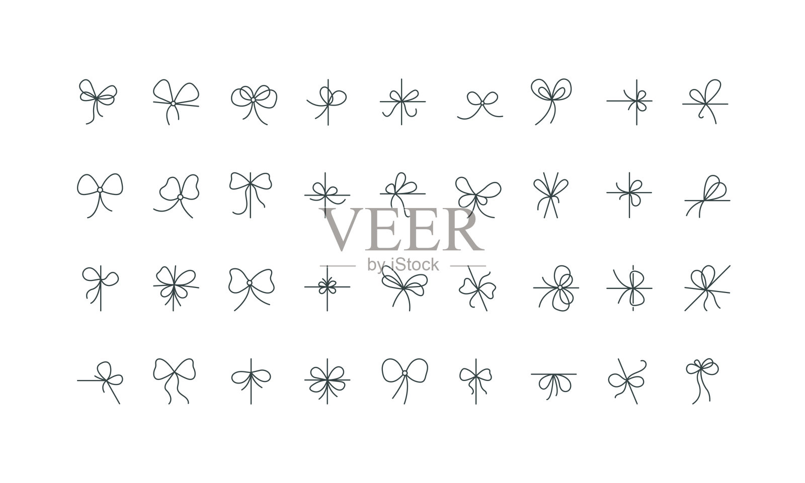 礼品盒、生日贺卡、礼物包装绳结的丝带蝴蝶结线条图标集插画图片素材