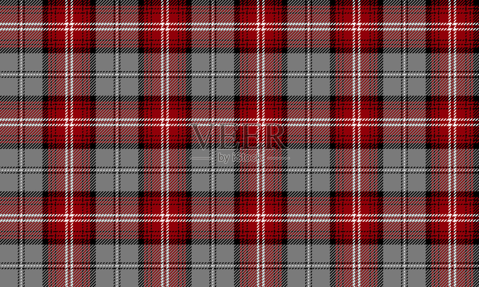 无缝格纹面料图案，包含灰、红、黑、白色，适用于服装、裙子和裤子的设计，为独特、现代的时尚造型增添魅力。插画图片素材