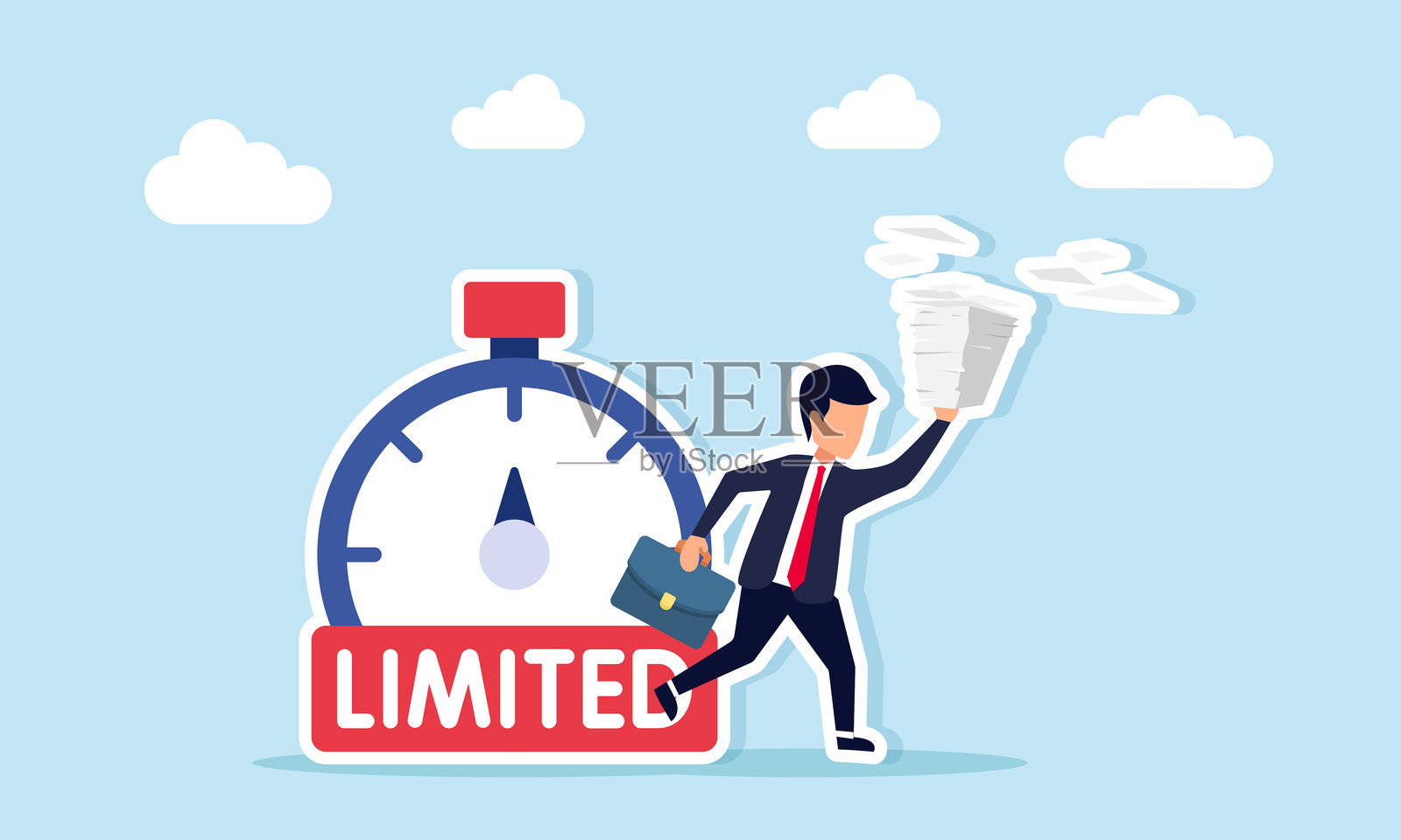 西装革履的商界人士，手拿文件，正从一个标有时限的秒表旁跑开，象征着完成商业项目的时间压力插画图片素材